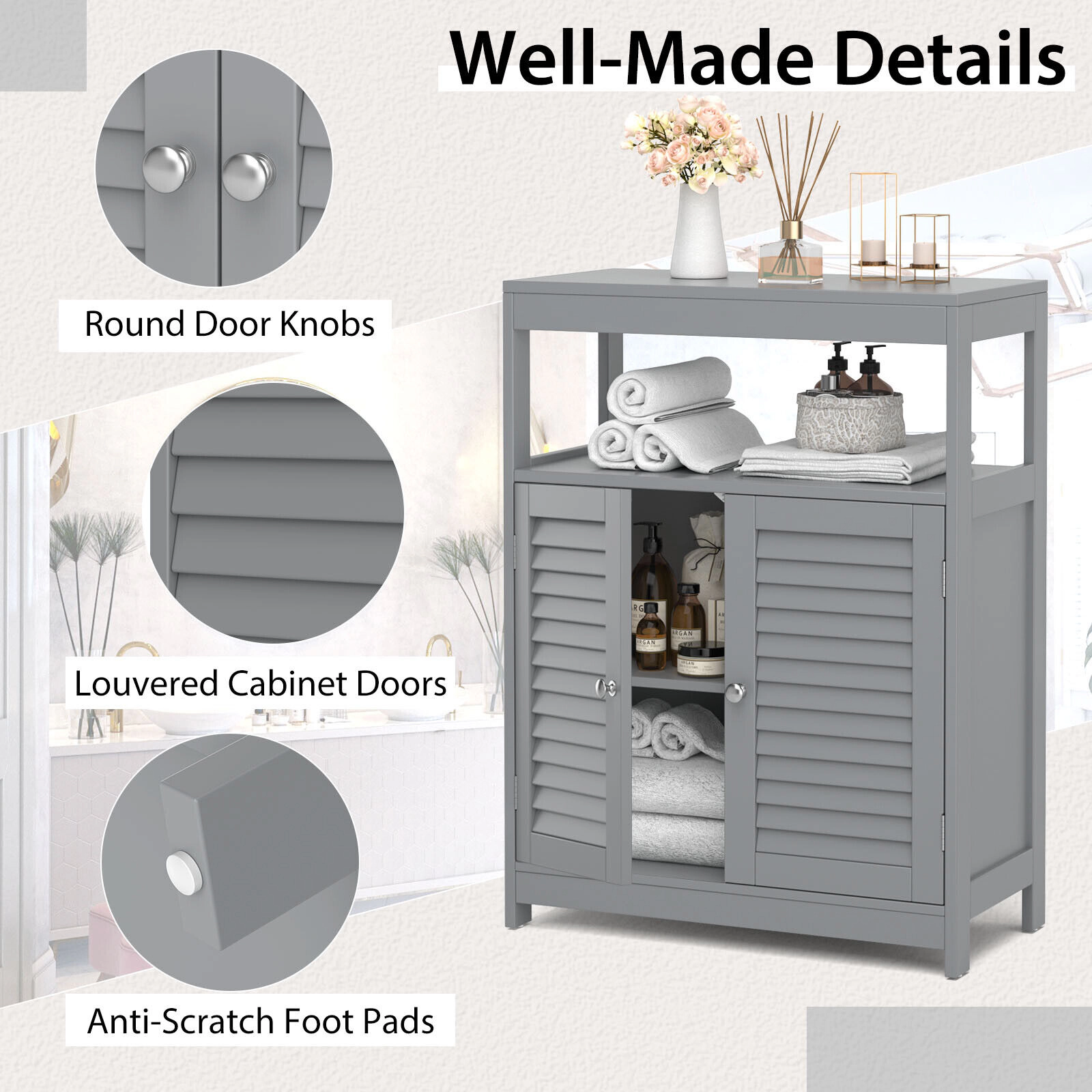 SlickBlue Bathroom Floor Cabinet with Shutter Doors and Storage