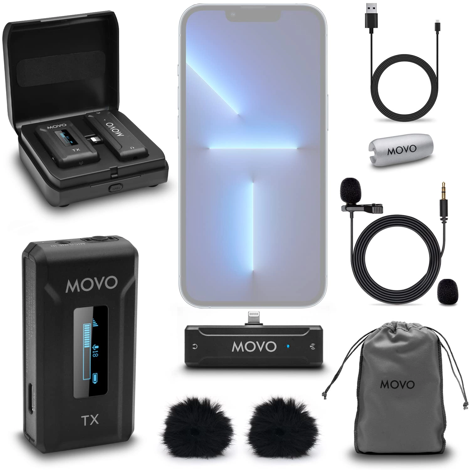 Movo WMX-2-L Wireless Microphone for iPhone with Charging Case - Lightning Microphone, Omnidirectional Mic, 328ft