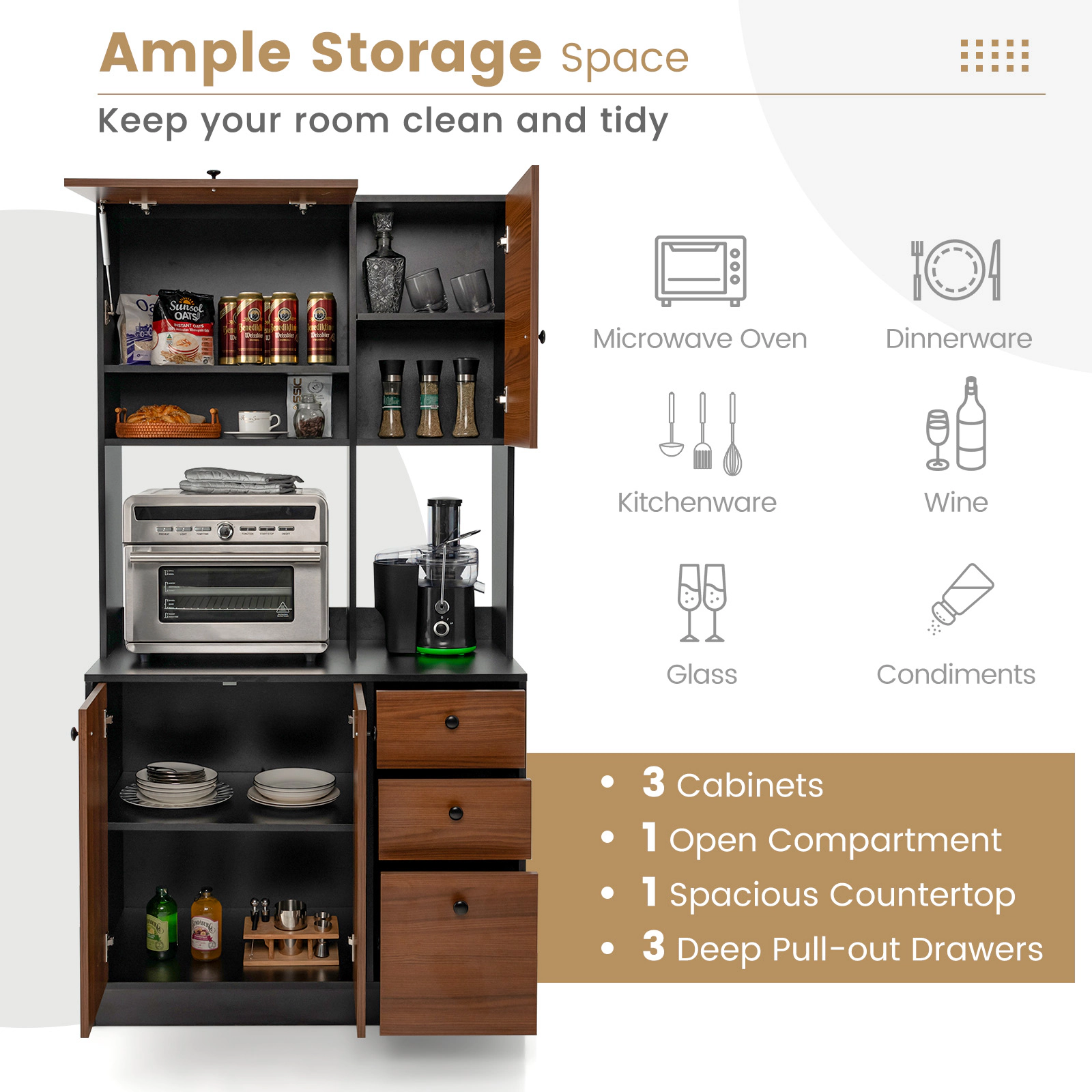 SUGIFT 71-in 3 Cabinets 3 Deep Drawers Adjustable Shelves Kitchen Pantry Cabinet 37-in x 19-in 110-lb Capacity Black