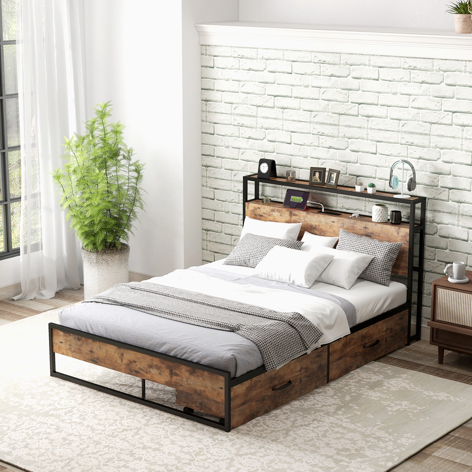 SUGIFT Full Size Metal Platform Bed with Storage Headboard, Charging Station and 2 Drawers, Rustic Brown