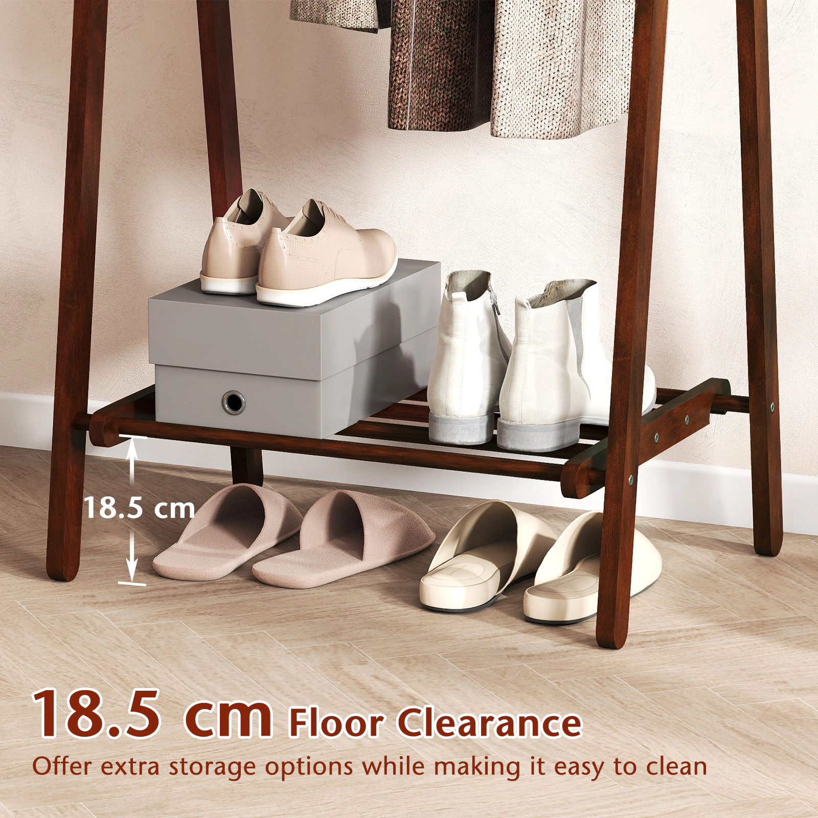 Glintex Folding Rubber Wood Garment Rack with A-Frame and Bottom Shelf, Walnut