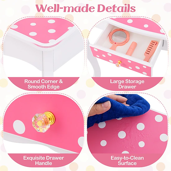 Hivvago Princess Pretend Play Makeup Dressing Table with Cute Polka Dot Print