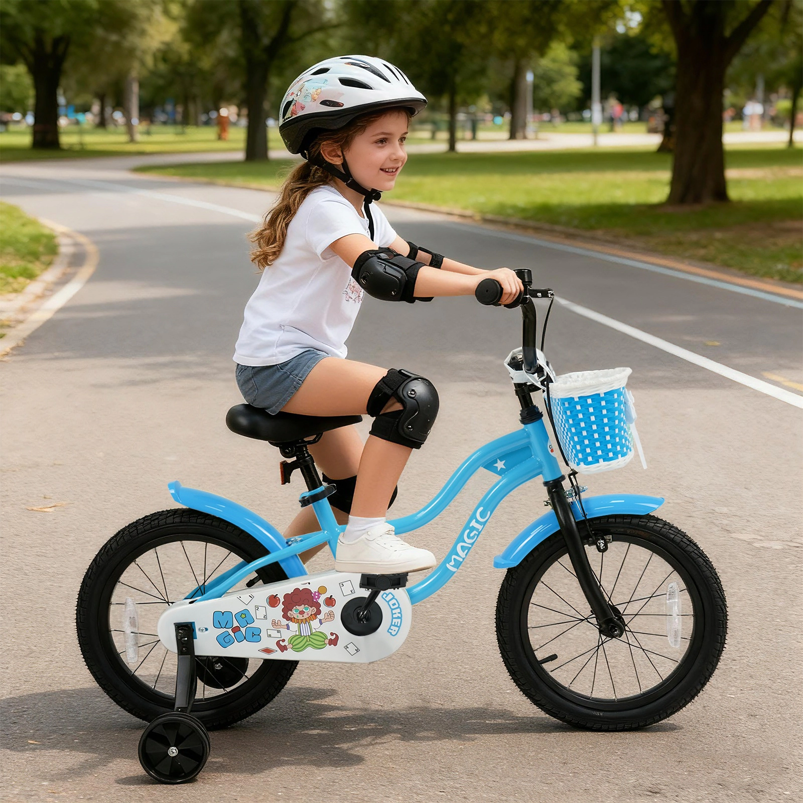 SUGIFT Adjustable 16-in Kids Bike with Training Wheels, Hand Brake and Basket 110-lb Capacity Ages 4-7 Years Navy