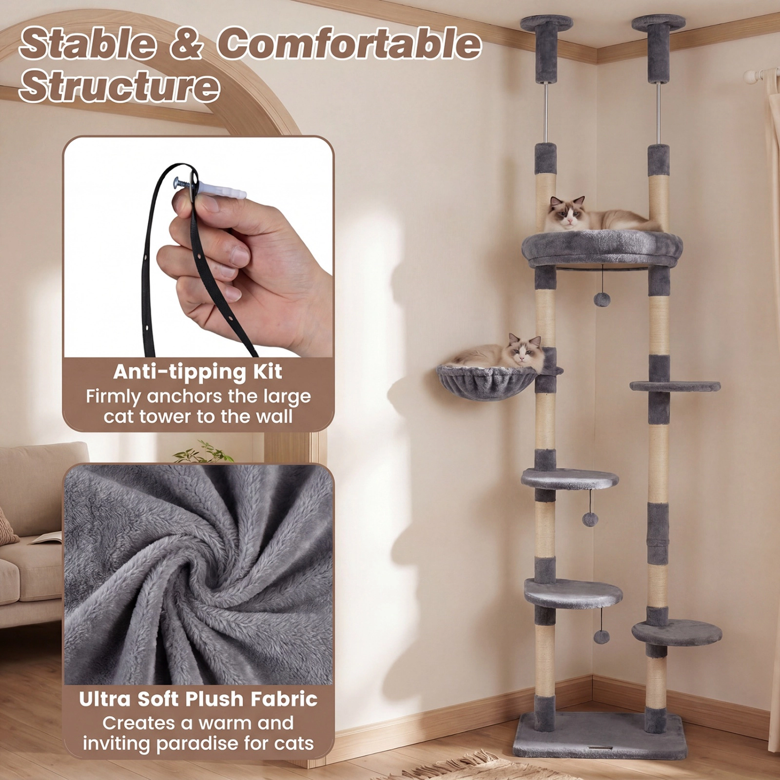 SUGIFT Gray 6-Tier Floor to Ceiling Cat Tree with Rotatable Bed and Sisal Posts