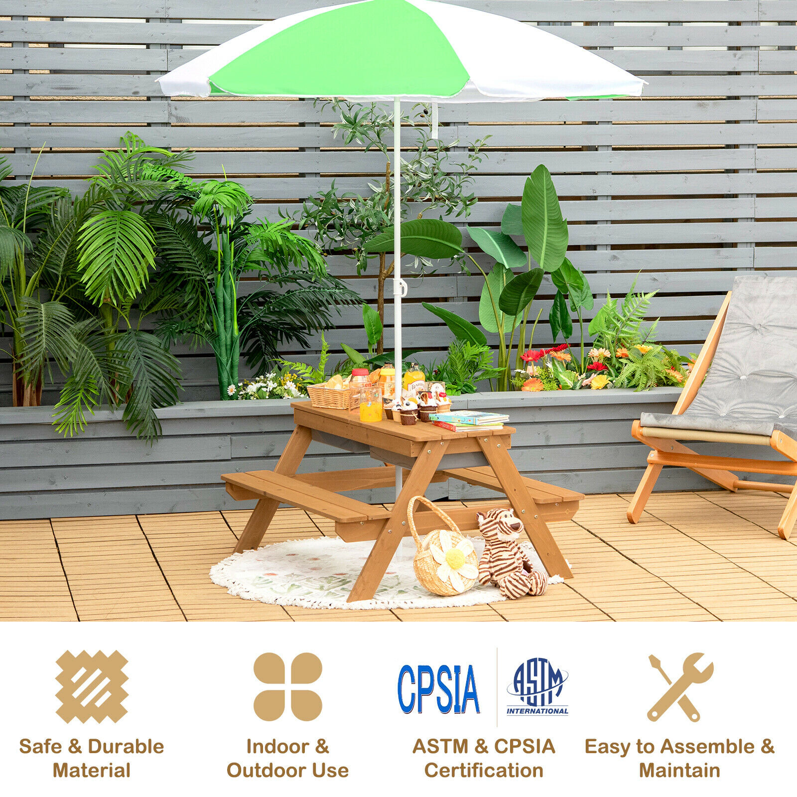 SUGIFT 3-in-1 Kids Outdoor Picnic Water Sand Table and Bench Set with Umbrella 110-lb Tabletop Capacity Ages 3-7 Green