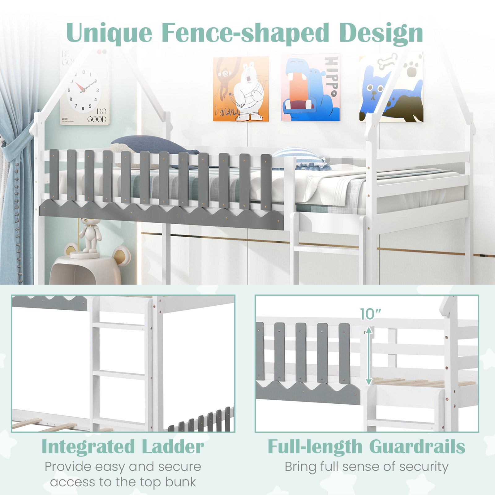 SUGIFT White House Frame Fence Rails and Ladder Twin Over Twin Kids Bunk Bed