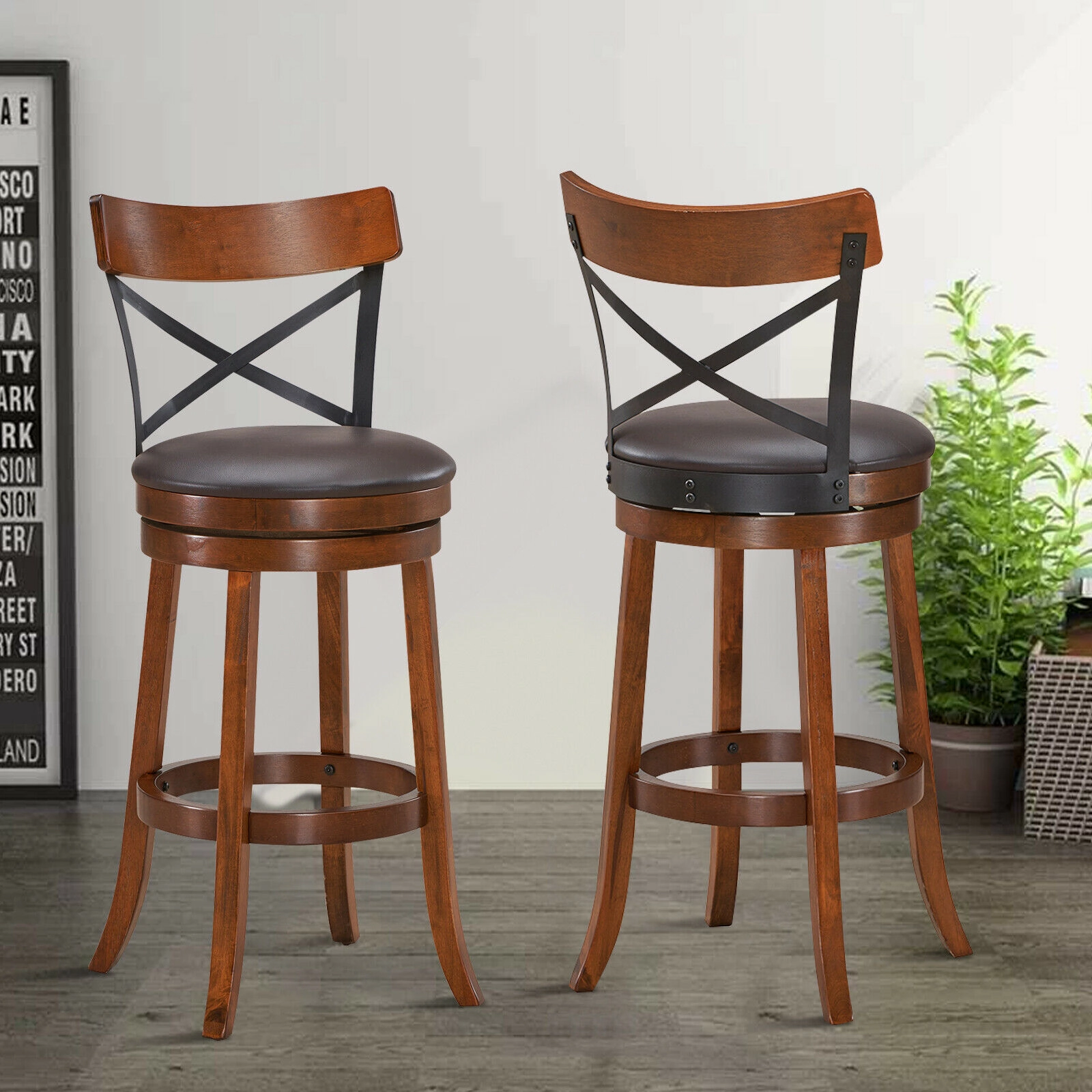 SUGIFT 360-Degree Swivel Bar Stools with Curved Backrest 264-lb Capacity Walnut Black Brown