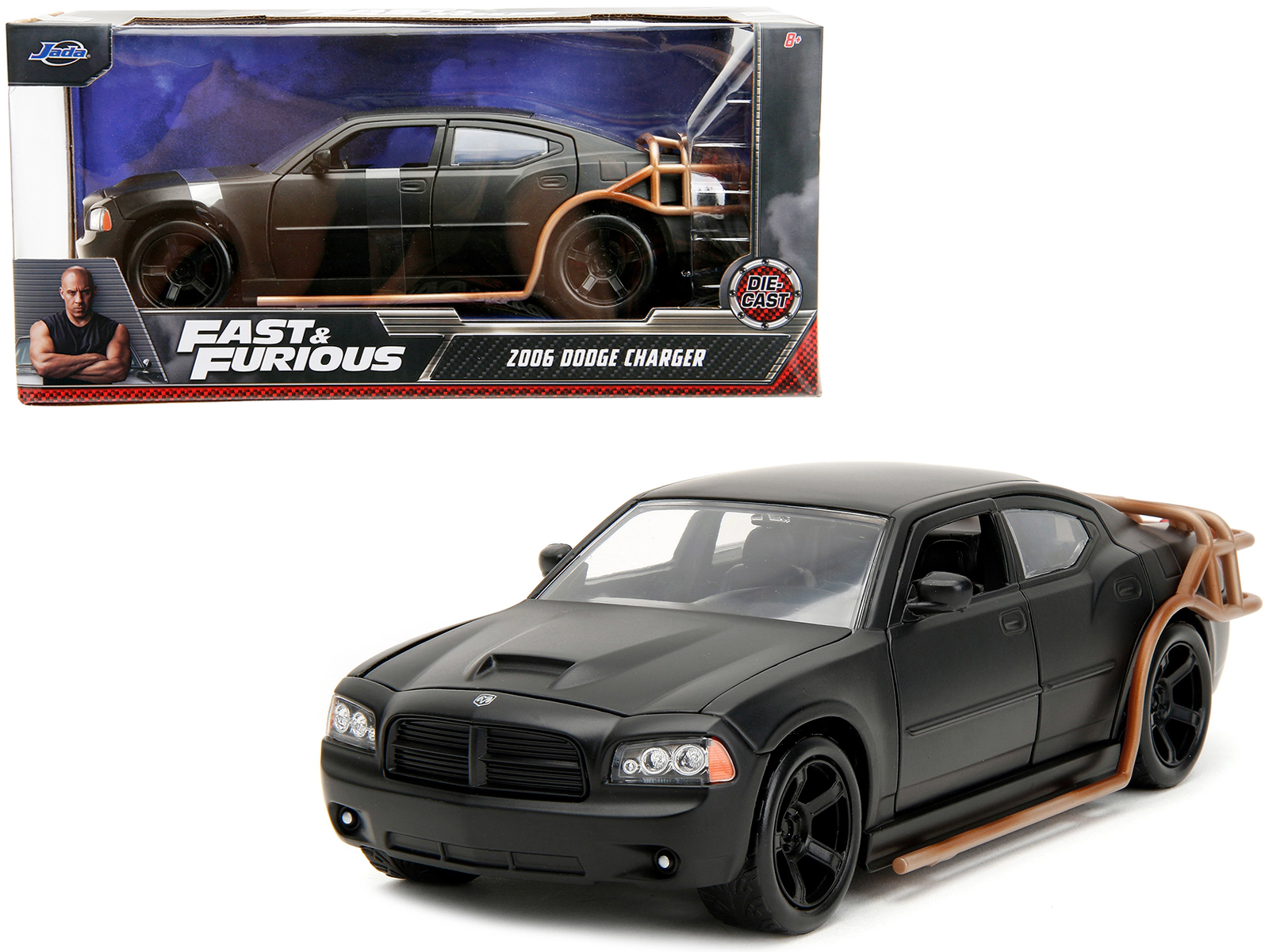 Jada 2006 Dodge Charger Matt Black with Outer Cage "Fast & Furious" Movie 1/24 Diecast Model Car by Jada