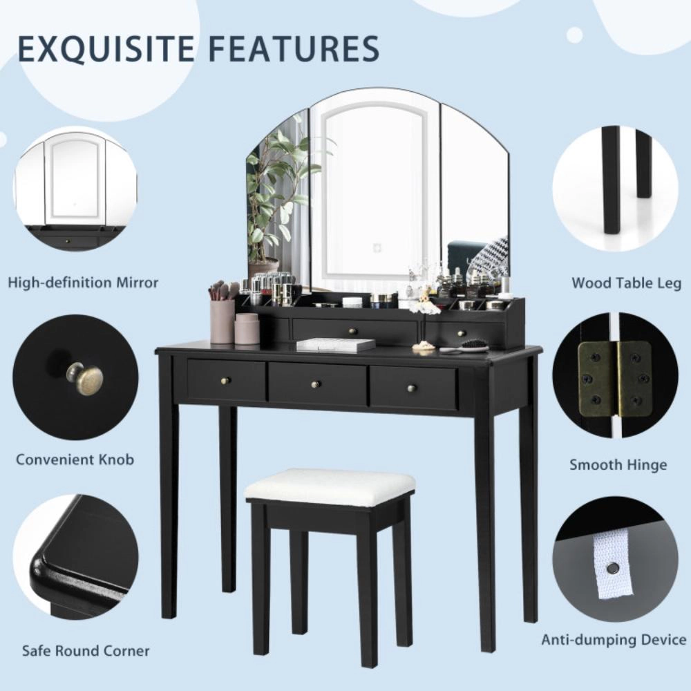 Hivvago Vanity Table Stool Set With Large Tri-Folding Lighted Mirror