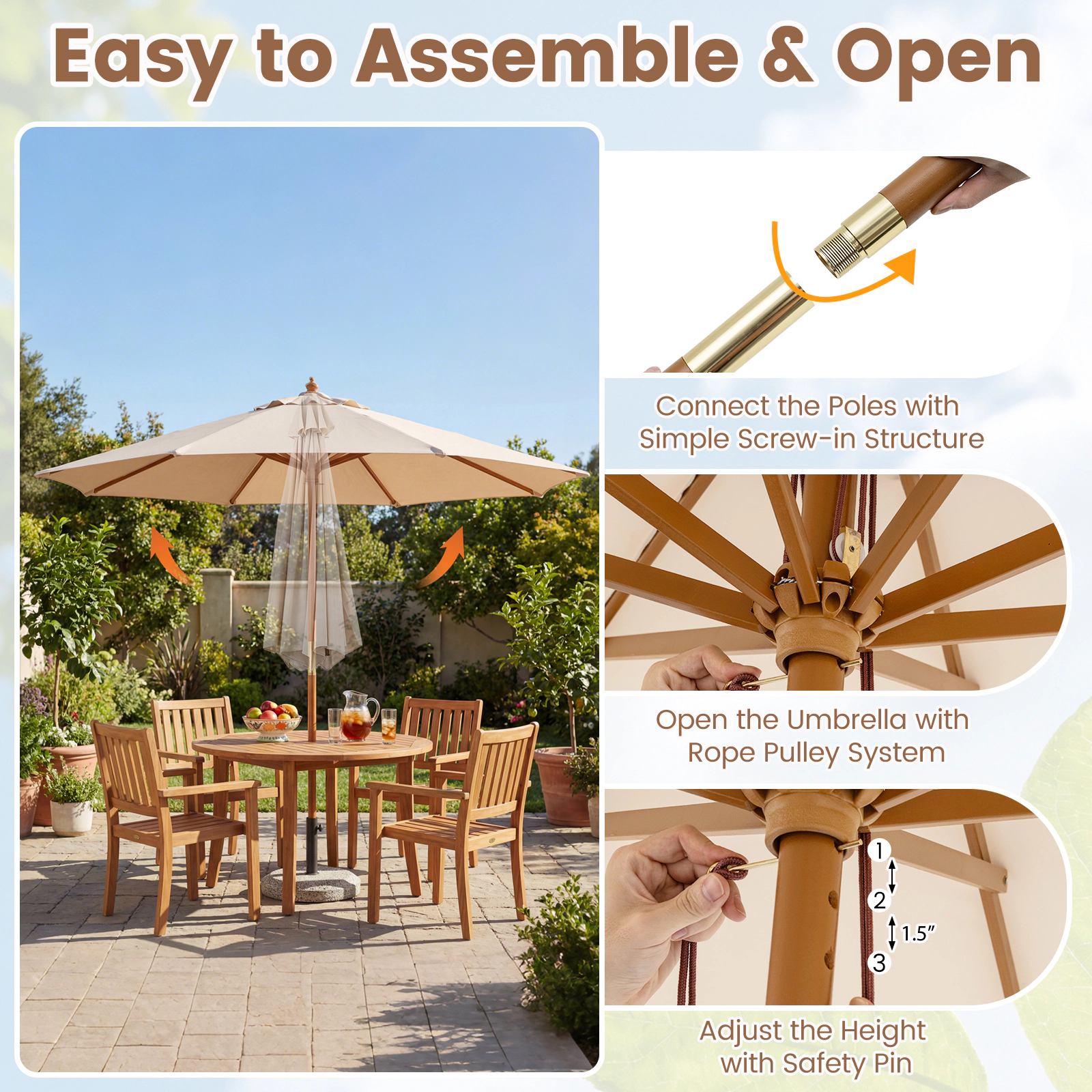 SUGIFT 9-ft Patio Umbrella Outdoor Table Market Umbrella with 8 Bamboo Ribs and Safety Latch Beige
