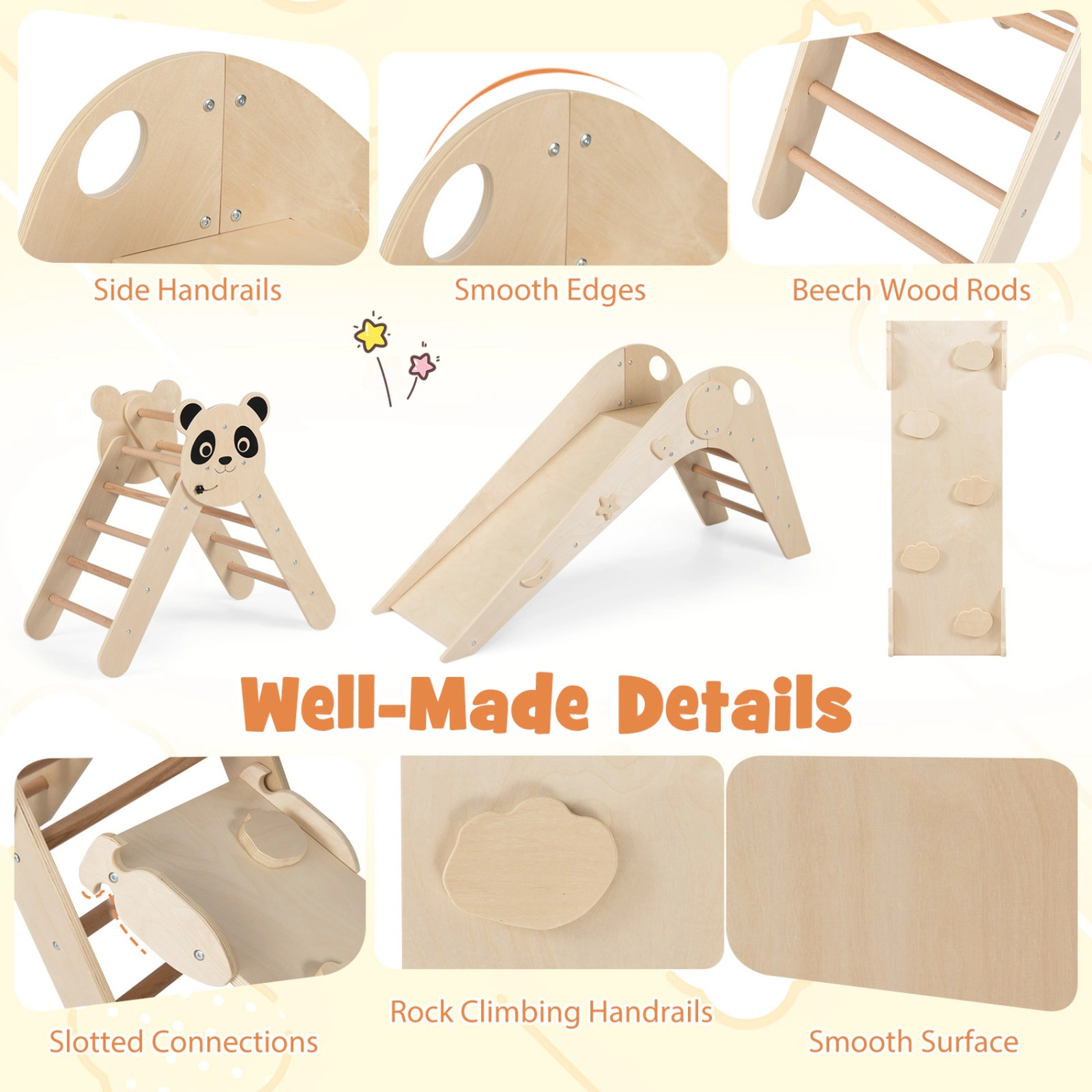 SUGIFT Foldable Panda-Themed Montessori Climbing Triangle Set with Slide and Balance Bridge 110-lb Capacity Ages 3+