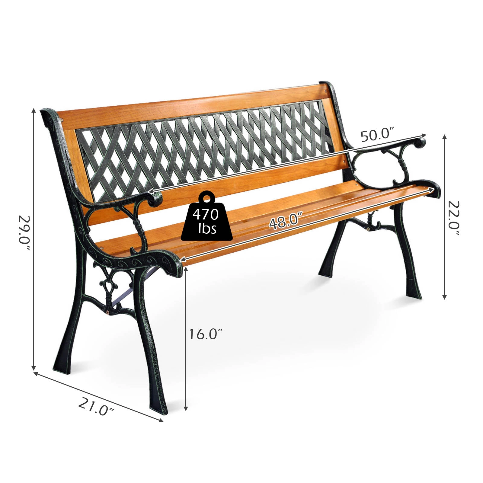 SUGIFT 3-Seat Lattice Back Natural Wood Slats Cast Iron Patio Bench 49.5-in x 20.5-in x 29-in 463-lb Capacity Black