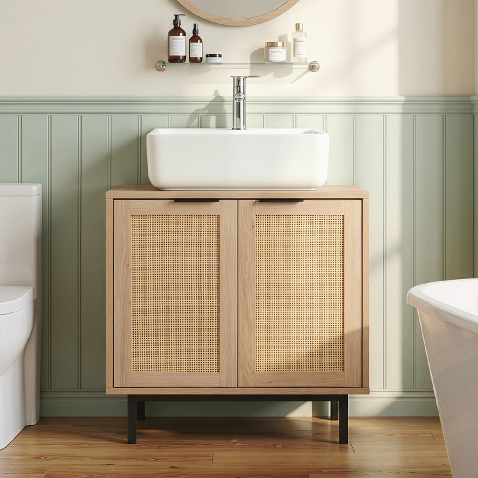 SUGIFT 2 Rattan Doors U-Shaped Cut-Out Under Sink Bathroom Vanity Cabinet 23.5-in x 12-in x 24-in 66-lb Capacity Natural