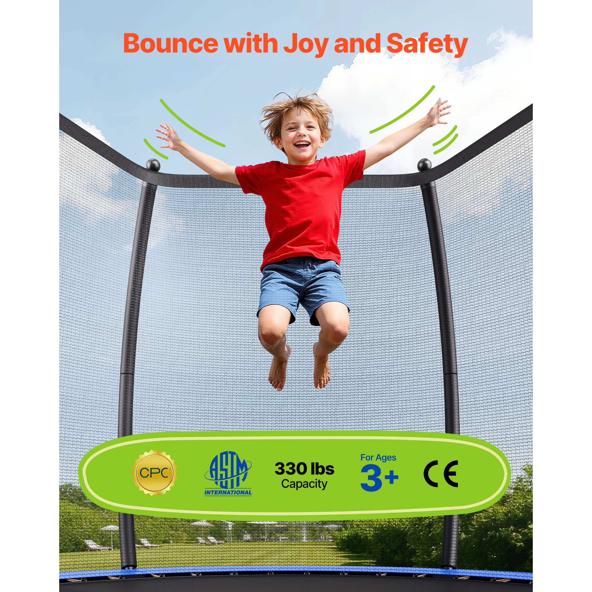 HONGGE 10FT Outdoor Trampoline with Safety Enclosure Net, ASTM Approved Backyard Trampoline, 330 lbs Capacity