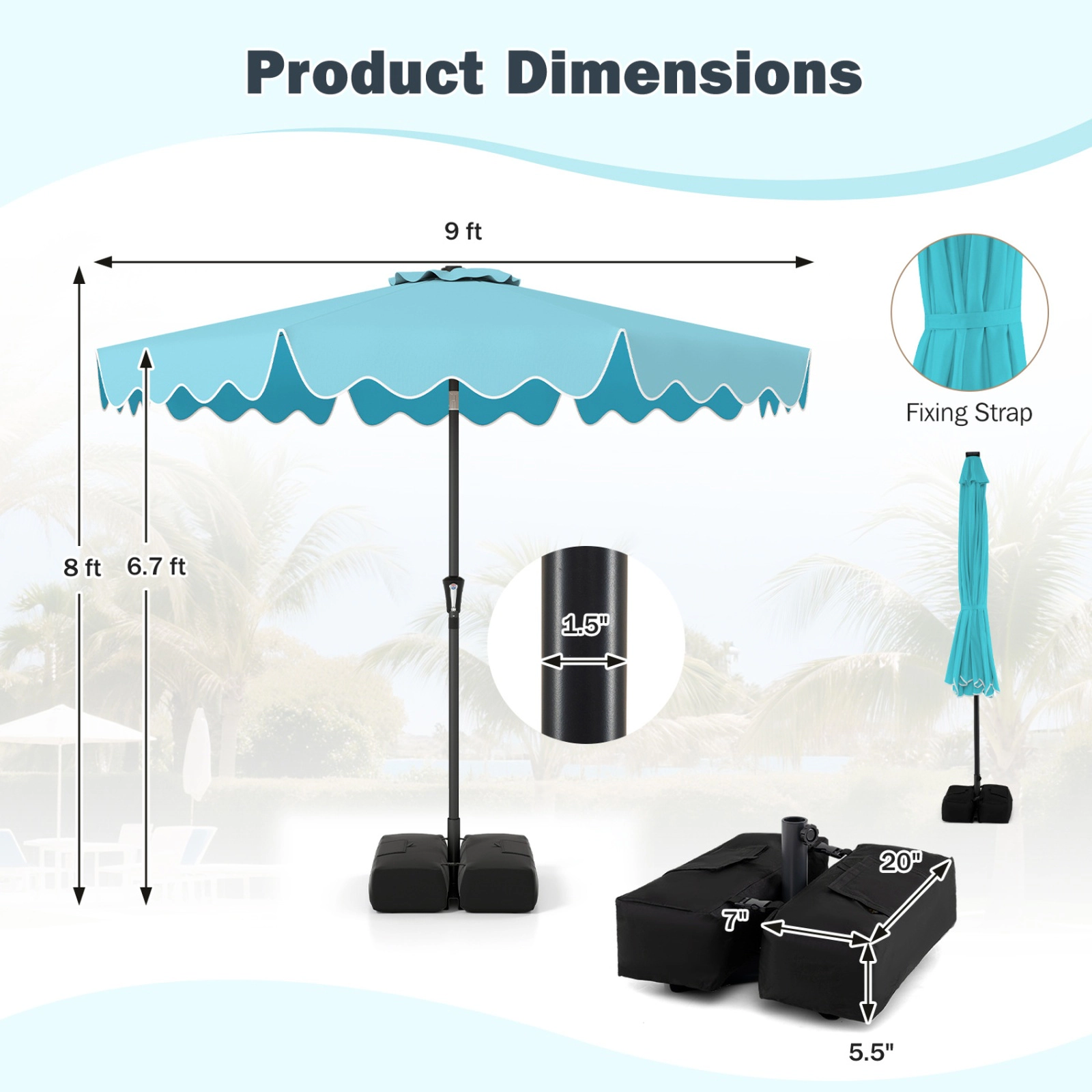 SUGIFT Double-Tier 9-Ft Patio Umbrella with Crank Lift, Tilt Canopy, Sandbag Base Turquoise