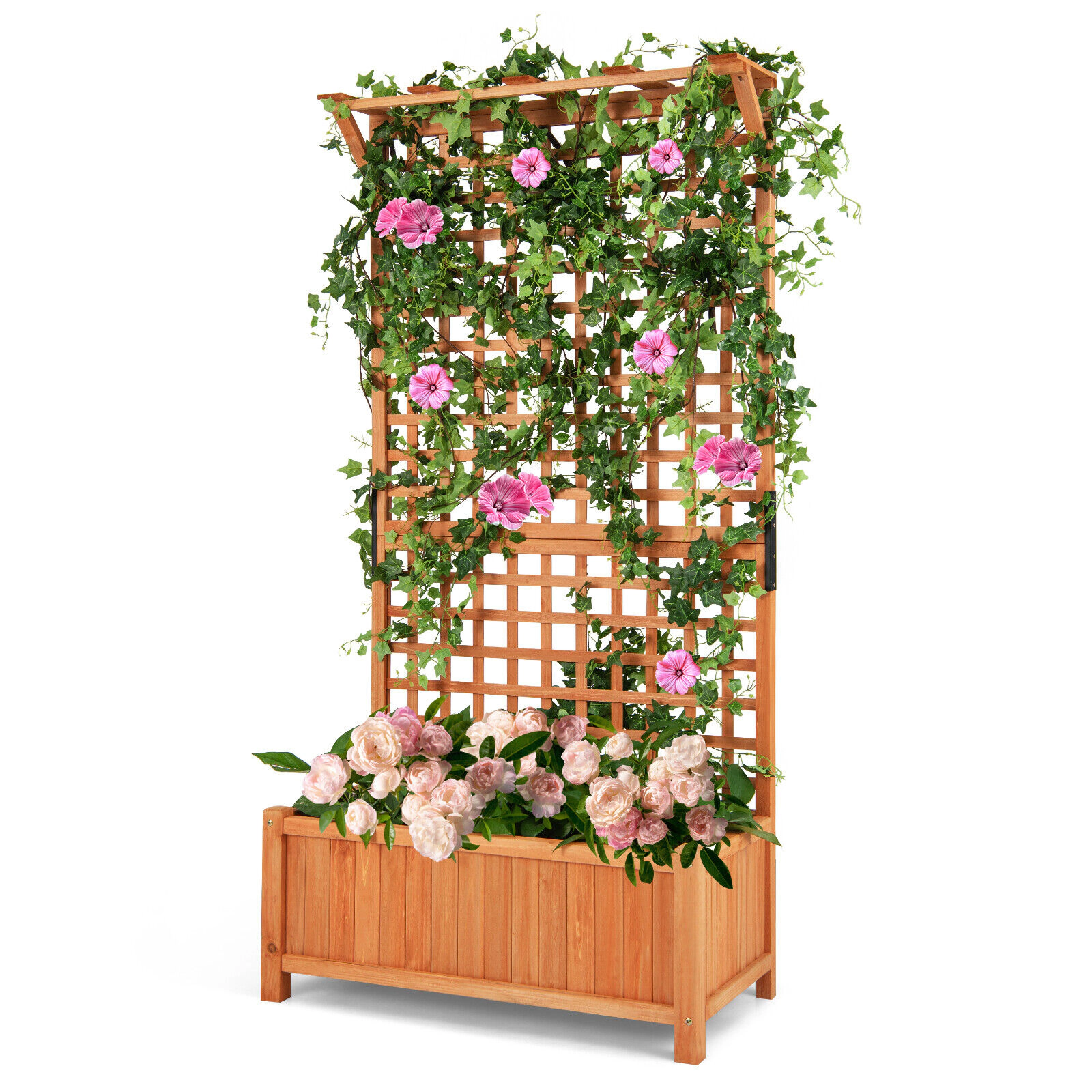SUGIFT 72.5-in Tall 66-lb Capacity Fir Wood Raised Garden Bed with Hanging Roof and Diamond Lattice Trellis