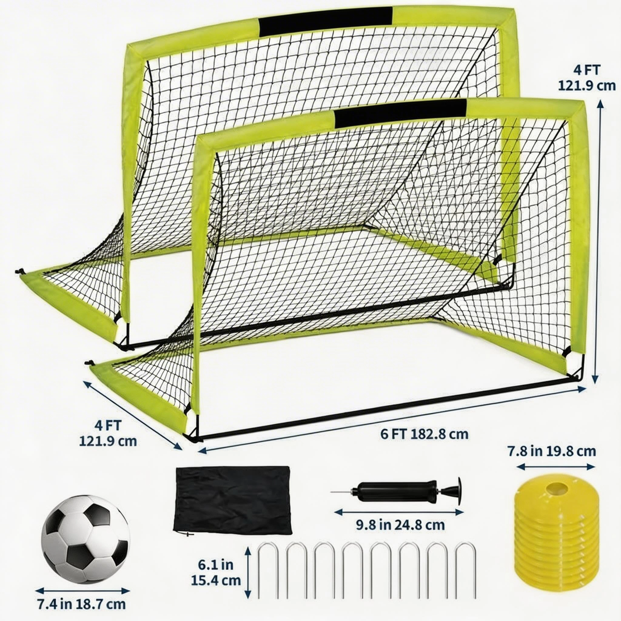 6x4 FT Soccer Goal Set 2 Pack with Training Nets, Portable Backyard Goals Ball, Cones & Carry Bag