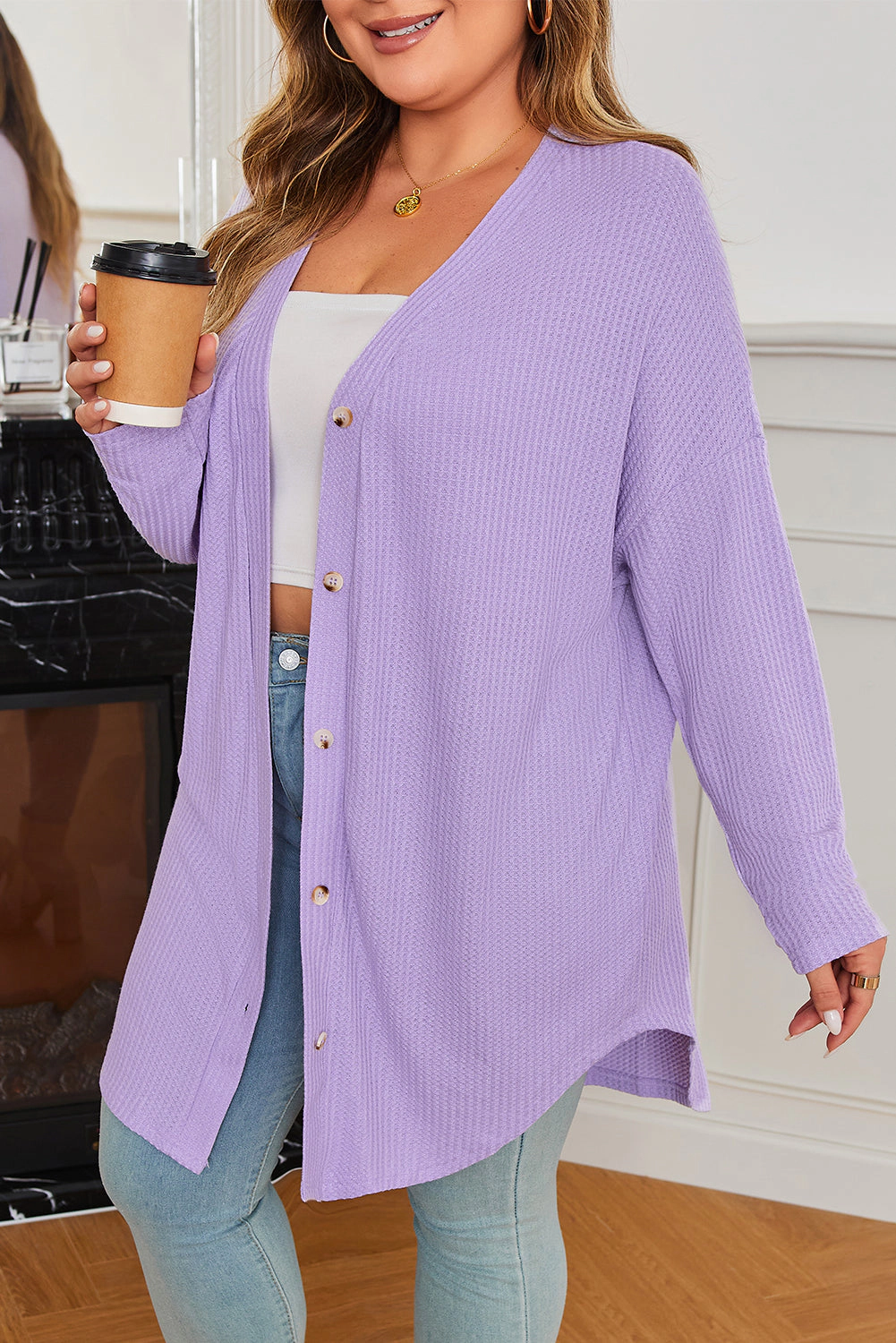 Threaded Pear Women's Rosie Waffle Knit Front PLUS Cardigan