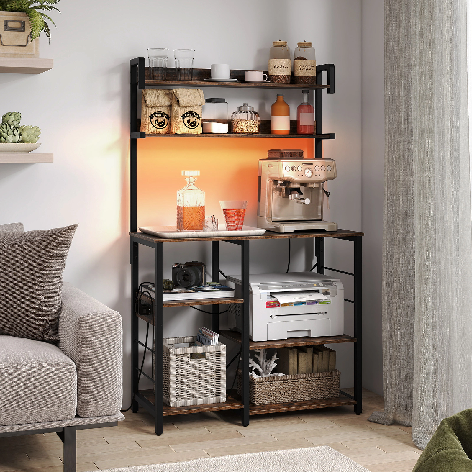 SUGIFT 5-Tier Kitchen Bakers Rack Shelving Unit with Power Outlet 66-lb Countertop Capacity Rustic Brown/ Black