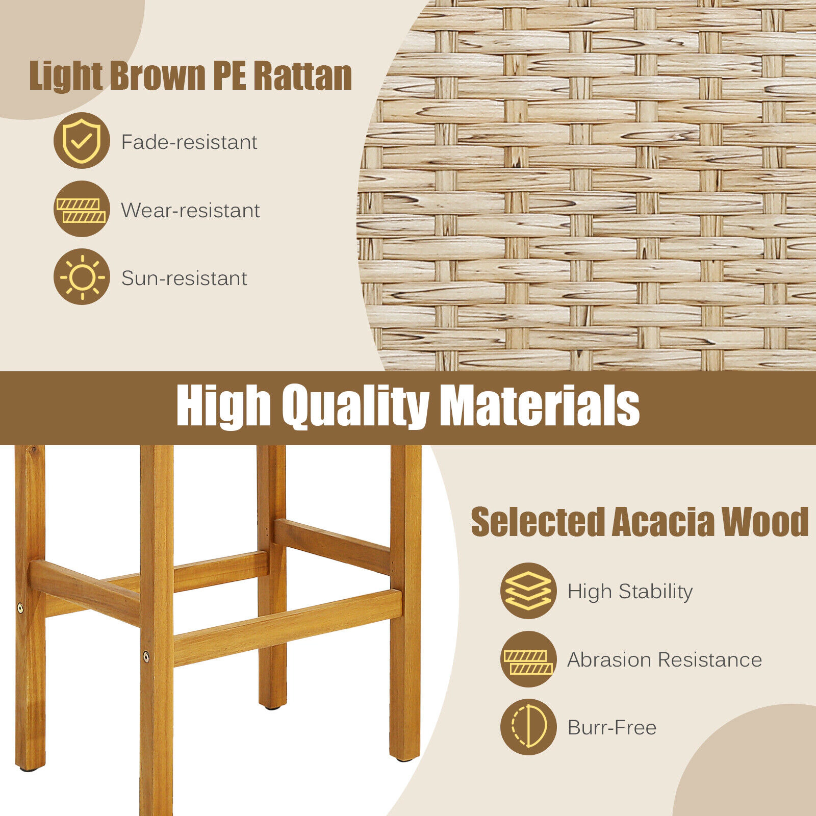 SUGIFT Patio Bar Stools 400-lb Capacity 30-in Tall Fits 39.5-47 in Bar Tables Light Brown and Teak