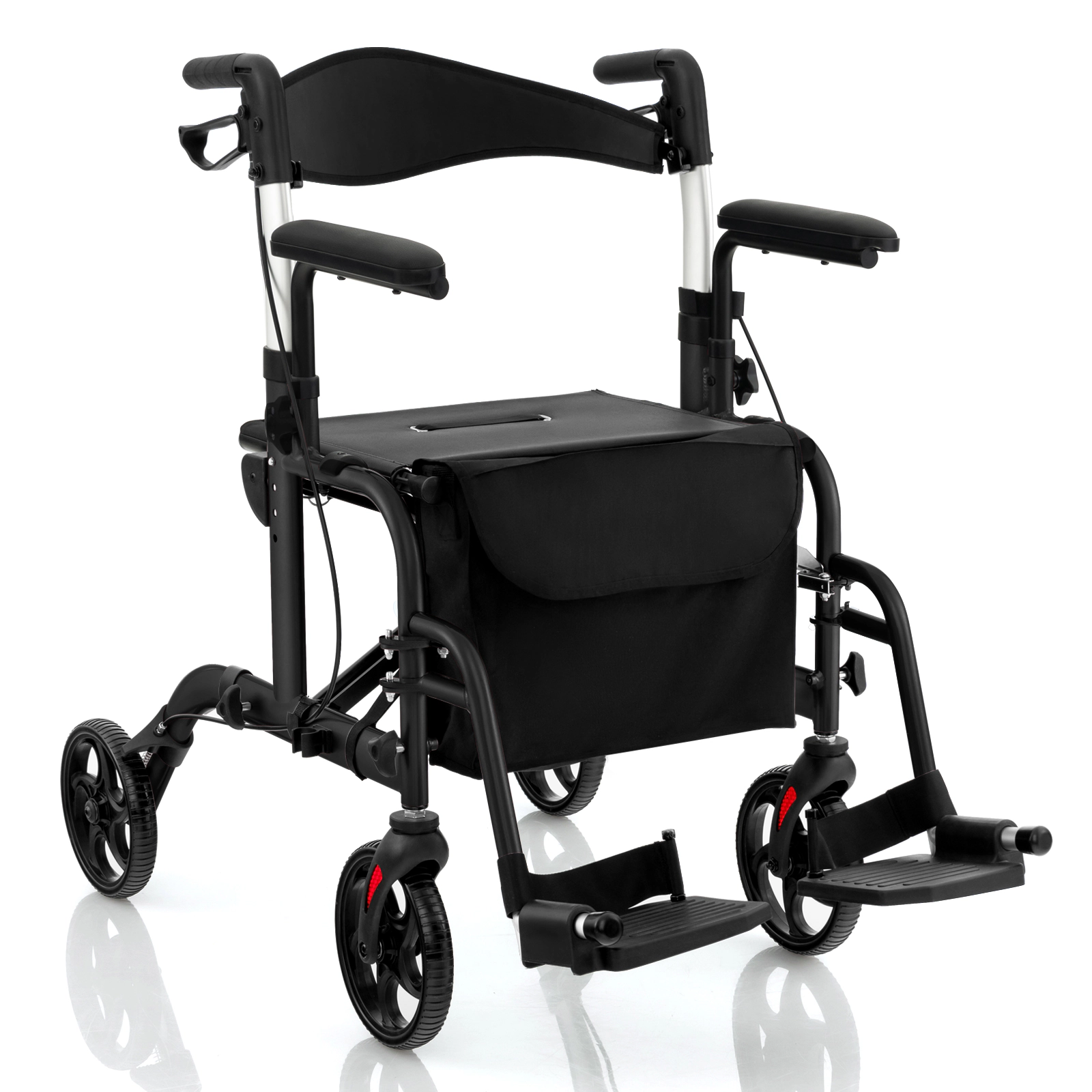 SUGIFT 2-in-1 Folding Aluminum Rollator Walker and Wheelchair with Seat and Wheels 300-lb Capacity 40.5-in Frame Black