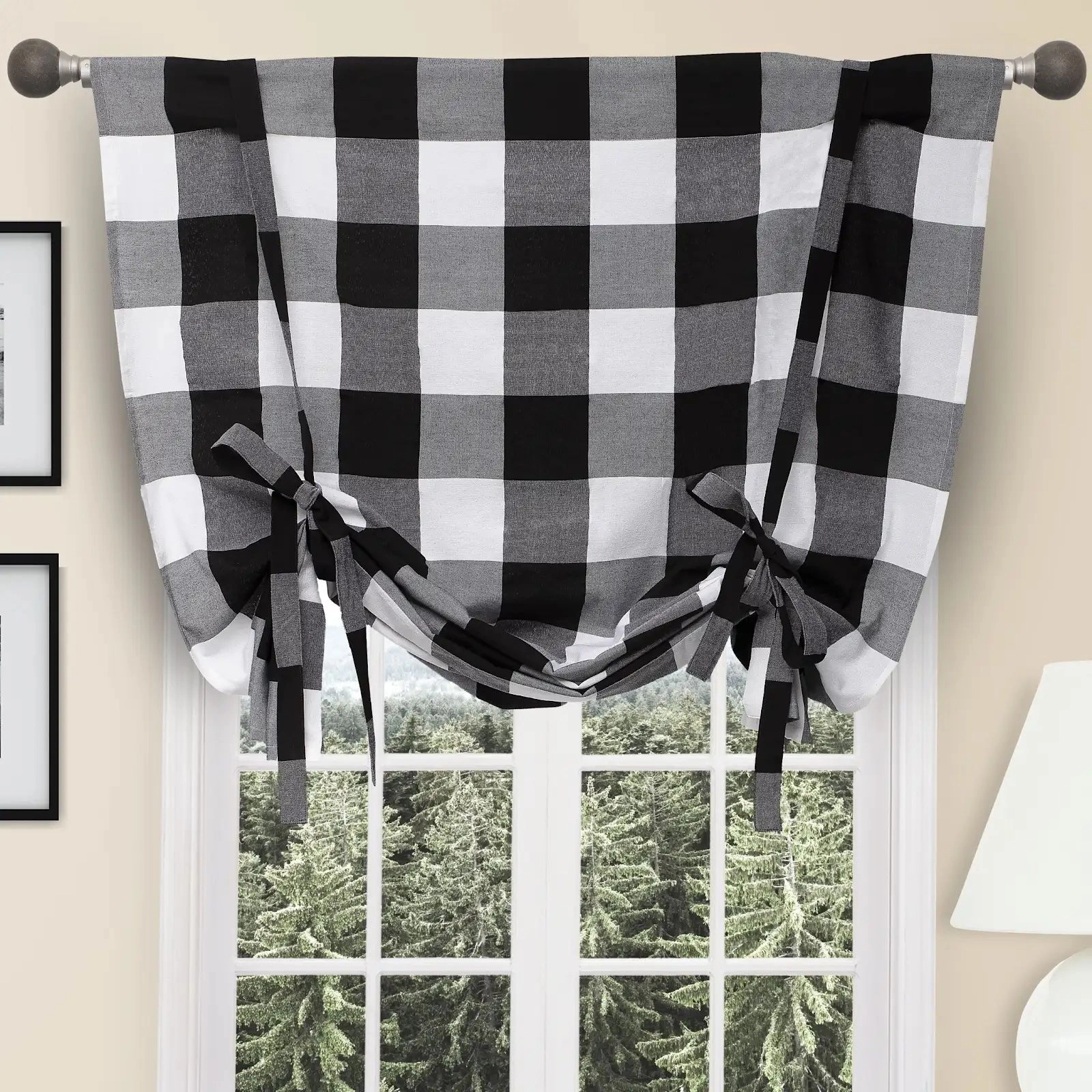Kate Aurora Country Farmhouse Large Buffalo Plaid Tie Up Window Curtain With Ties