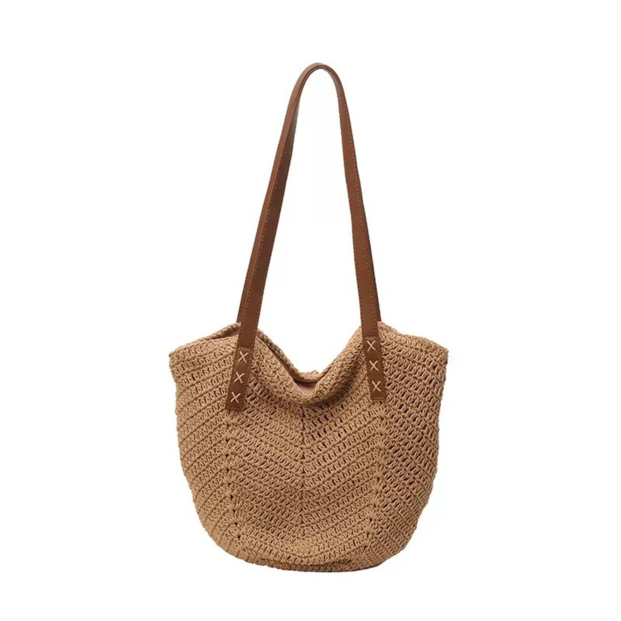 Alilang Women's Cotton Crochet Woven Tote Bag with Shoulder Straps and Inner Pocket, Beige