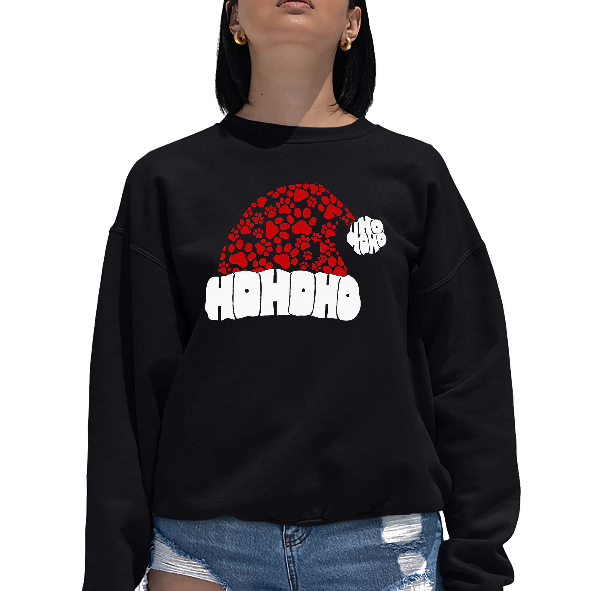 LA Pop Art Paw Print Santa Hat - Women's Word Crewneck Sweatshirt
