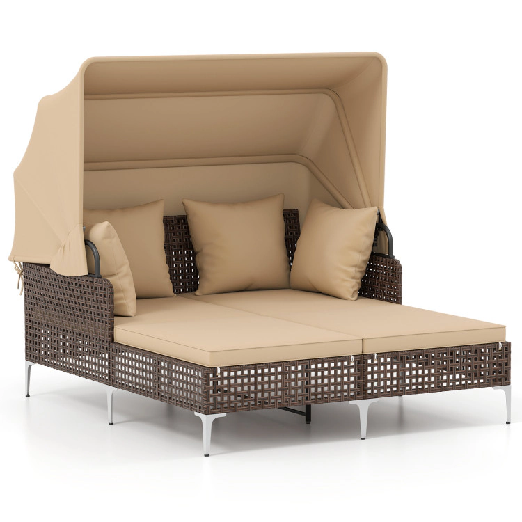 Hivvago Outdoor Daybed With Retractable Canopy Pe Wicker Rattan Patio Lounger