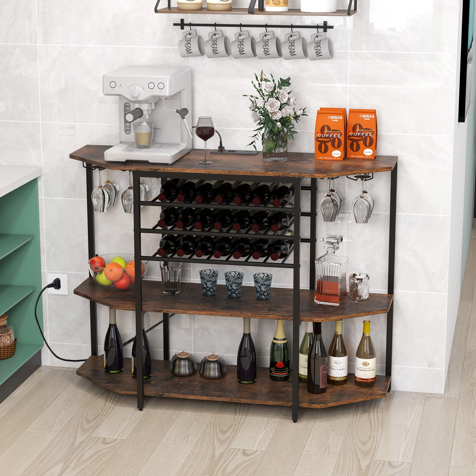 SUGIFT 47.5-in Coffee Bar Cabinet with Power Outlet 3-Tier Wine Sideboard 21-Bottle Rack and Glass Holder