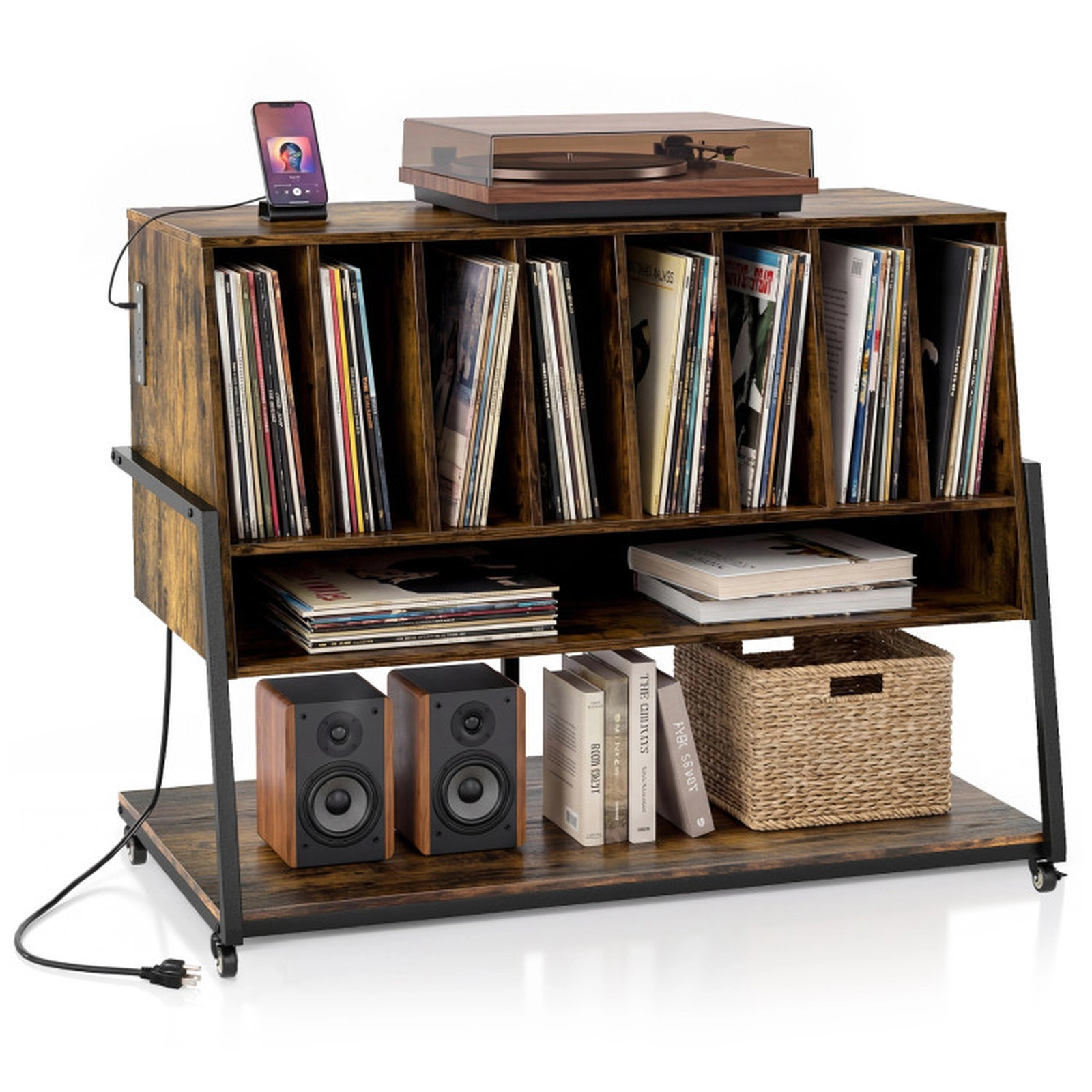 SUGIFT Turntable Stand with Charging Station and Vinyl Storage Shelves Accent Table 44-lb Top 88-lb Compartments Rustic