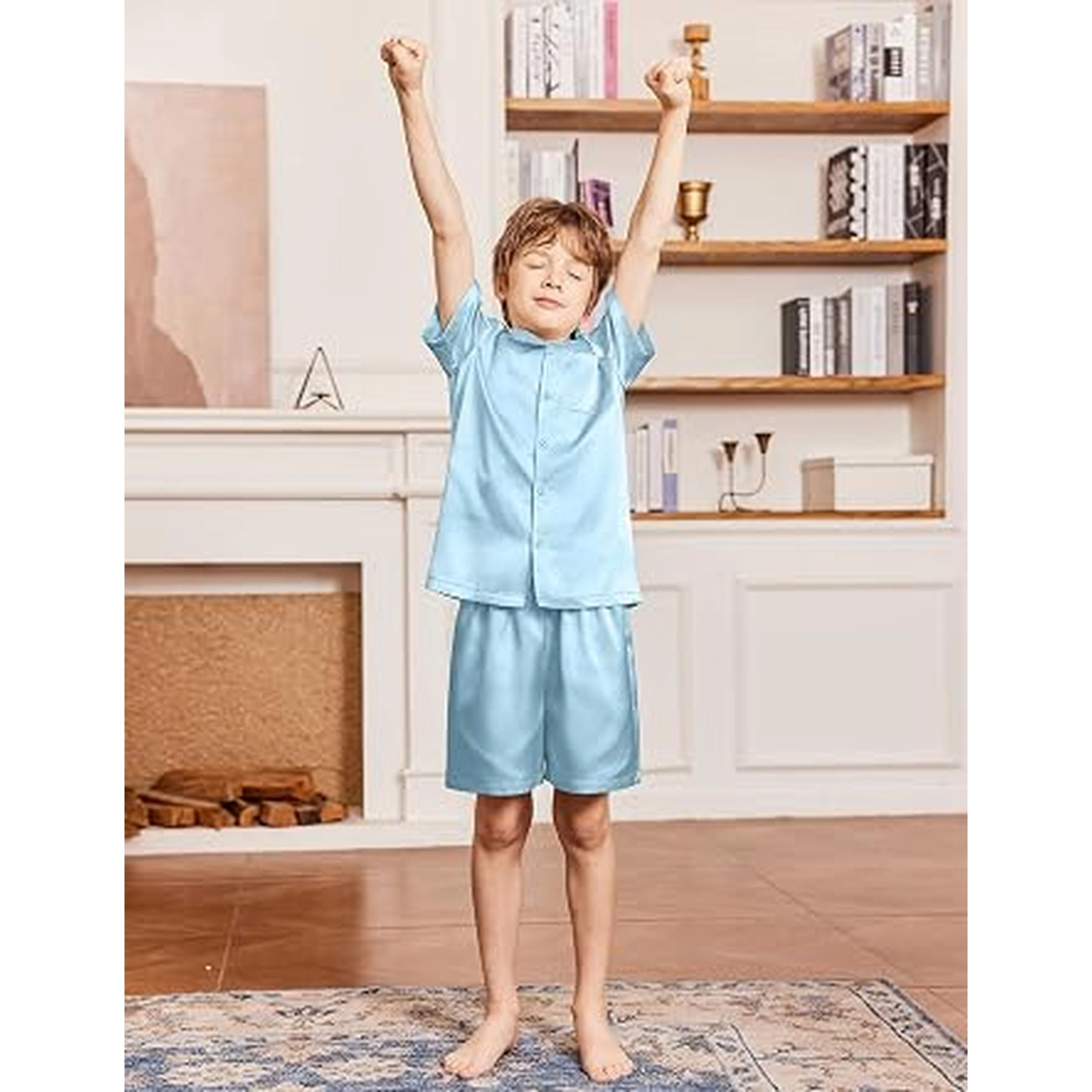 Arshiner Boy's Silk Satin Short Sleeve Button Down Pajama Set