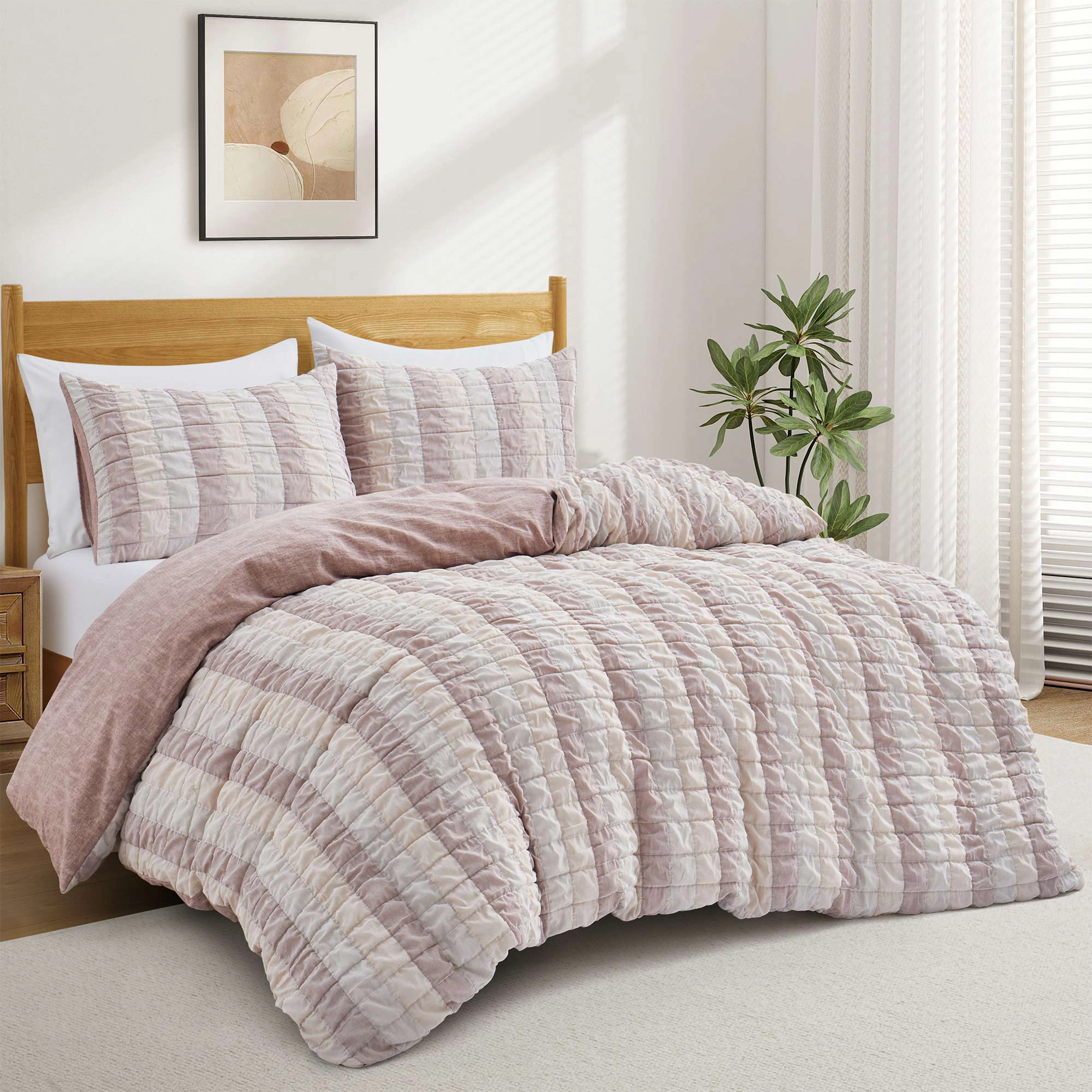 PEACENEST Ruched Grid Textured Duvet Cover Set, Soft Lightweight Bedding Set