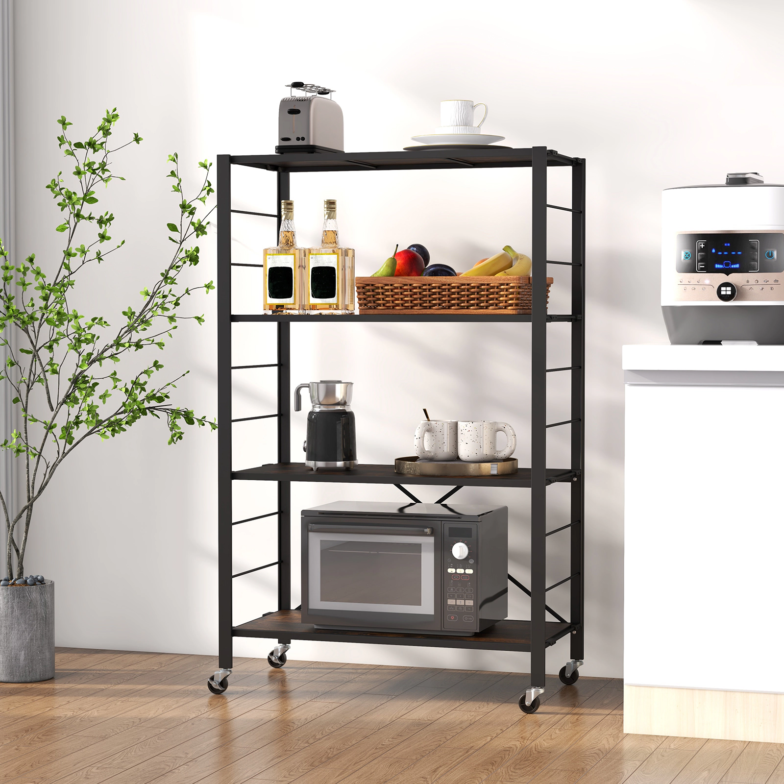 SUGIFT 4-Tier Foldable Storage Shelf with Wheels 180-lb Capacity Black + Rustic Brown