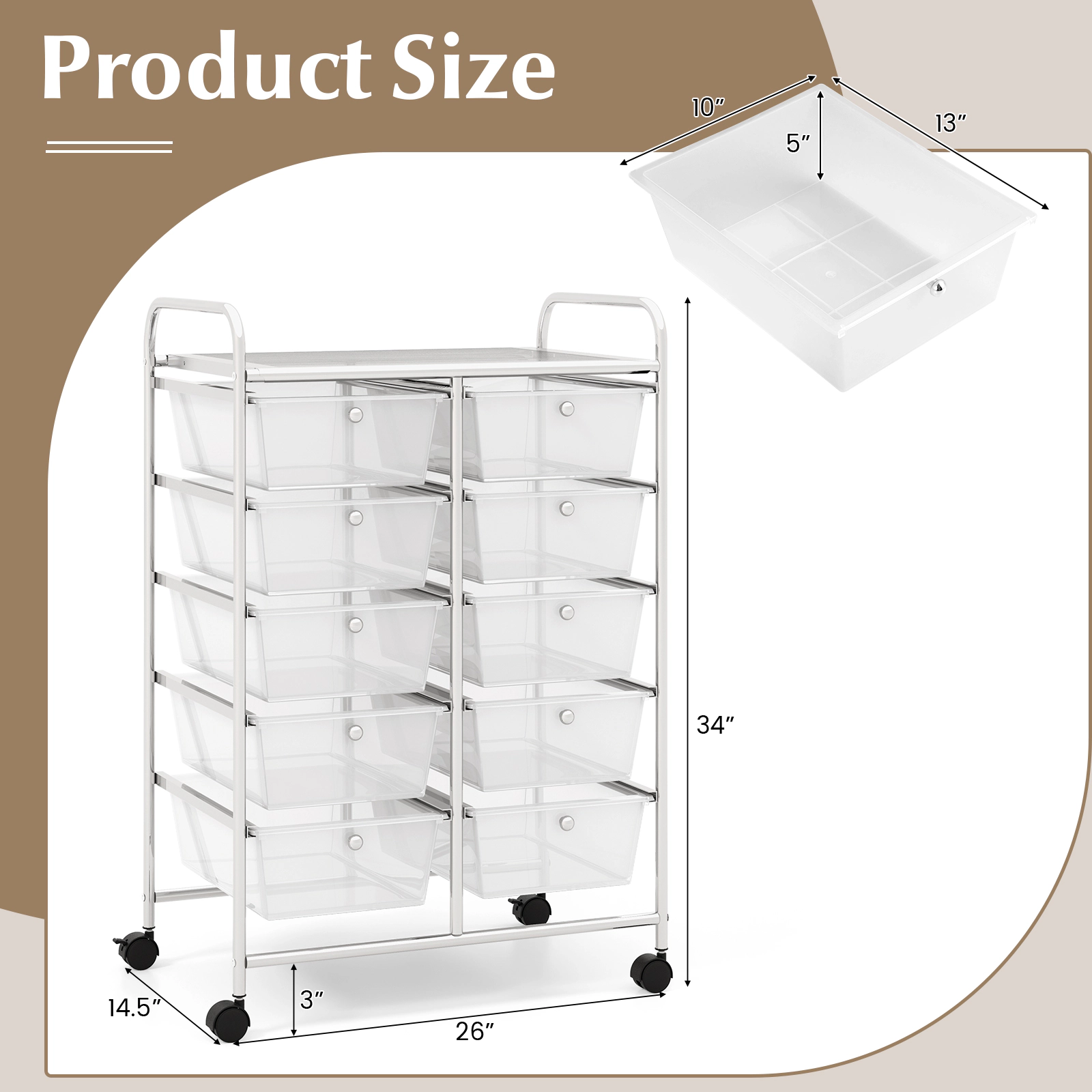 SUGIFT 10-Drawer Rolling Storage Cart with Mesh Top Platform 26-in Wide Frame 22-lb Top Capacity Transparent Drawers