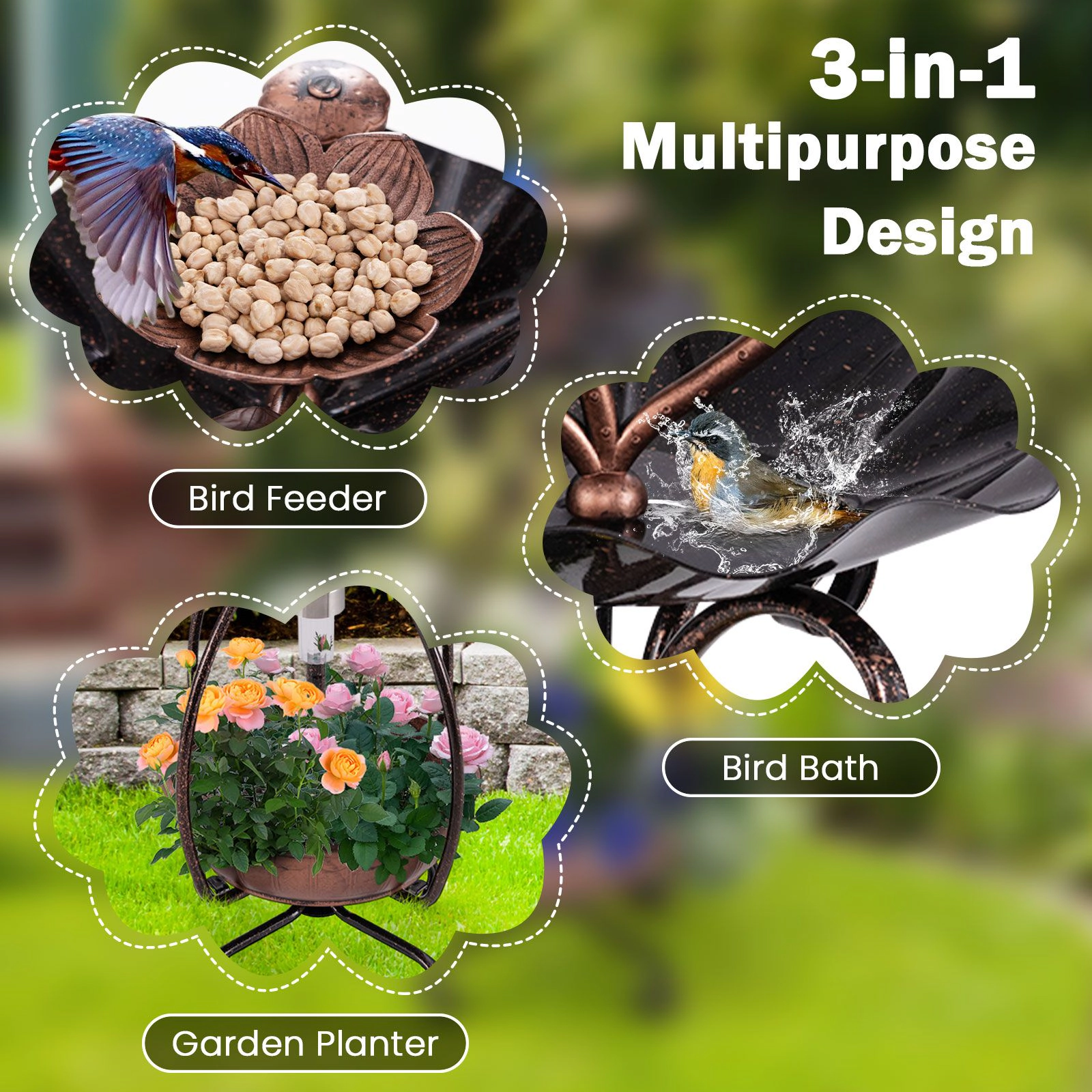 SlickBlue Standing Metal Birdbath with Solar Lights and Lotus Leaf Bowl