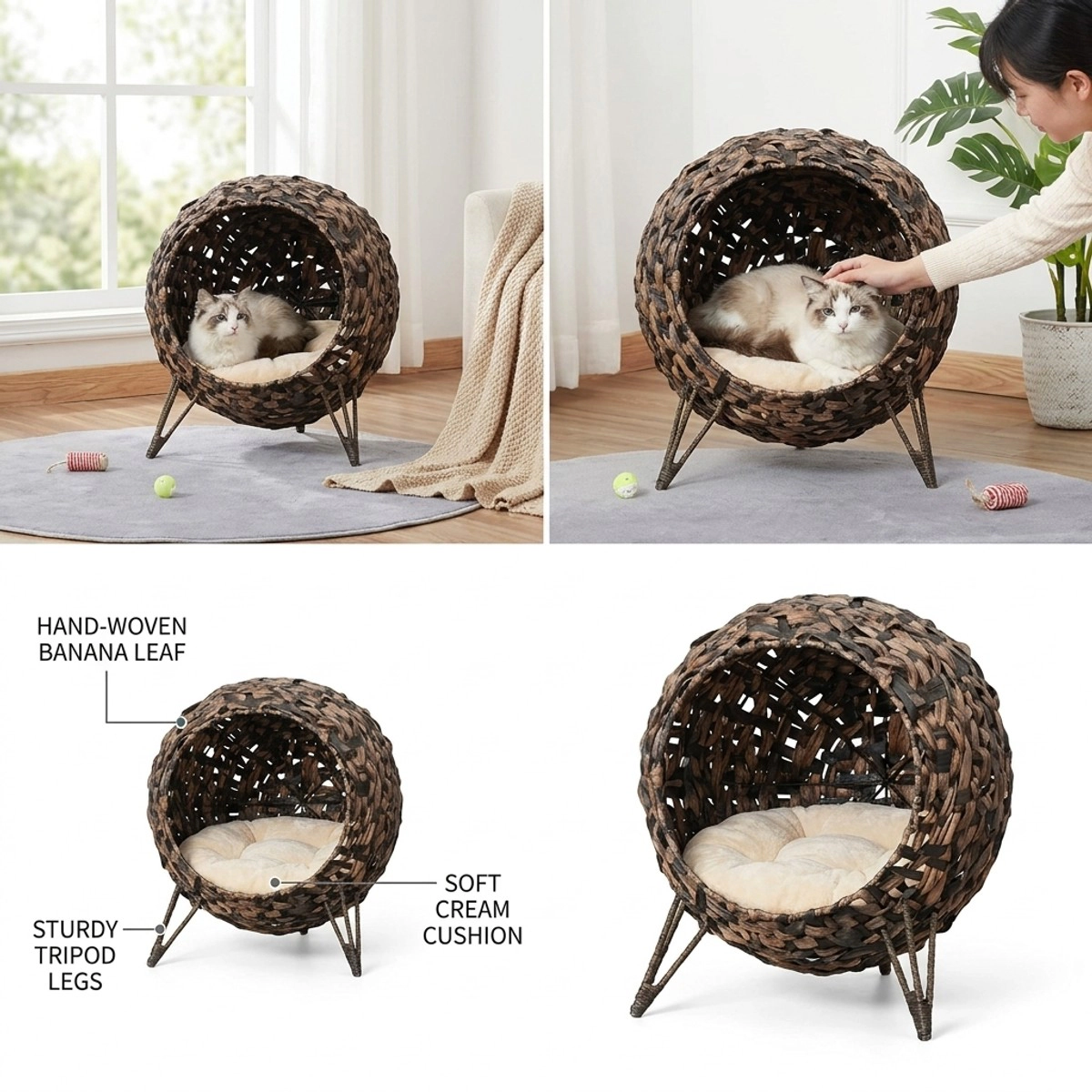 212 Main PawHut Weaved Cat Bed & Elevated Hand-Woven Braided Banana Leaf Kitten House Condo with Cushion