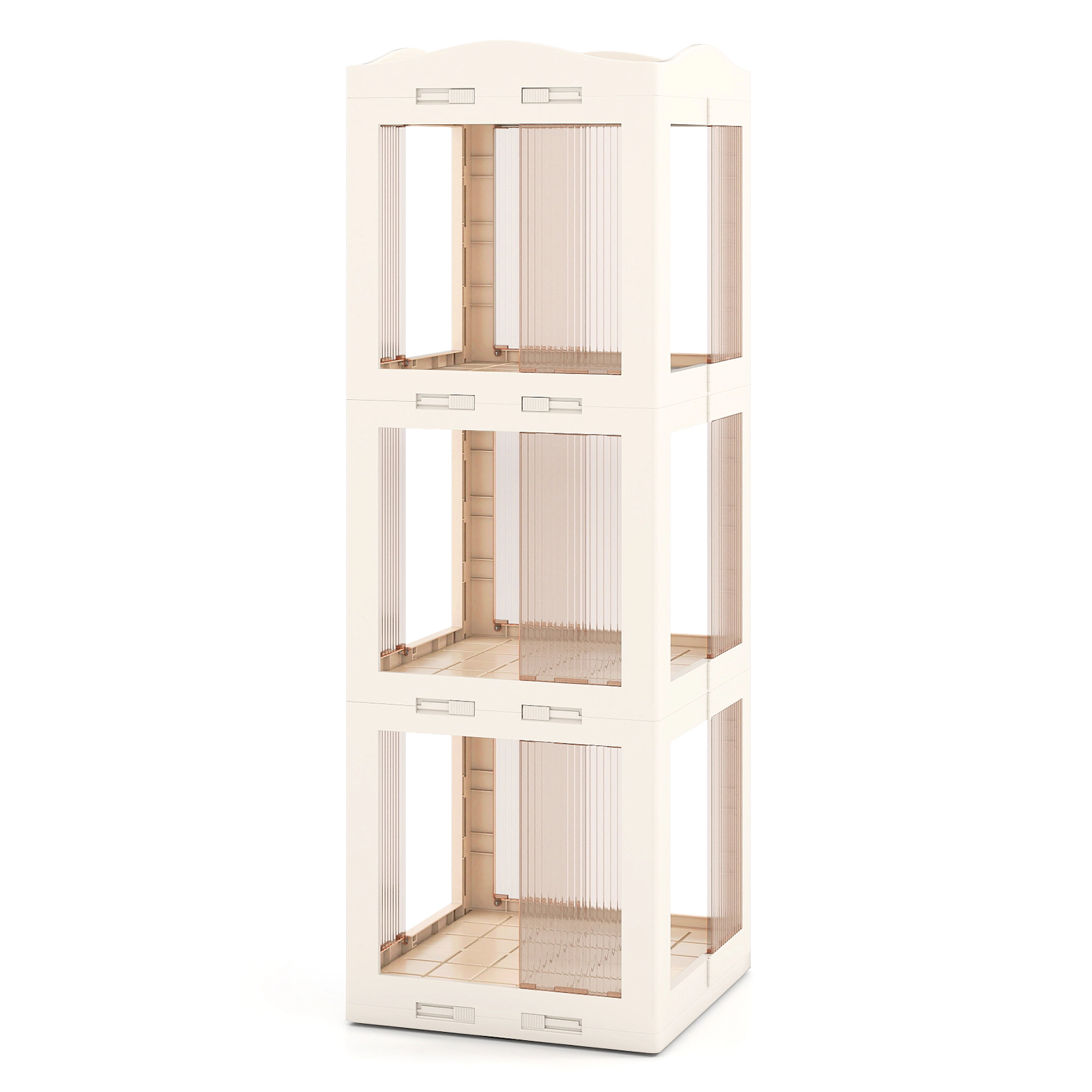 SUGIFT White 3-Tier Foldable Rotating Bookshelf with Swivel Base and Translucent Panels