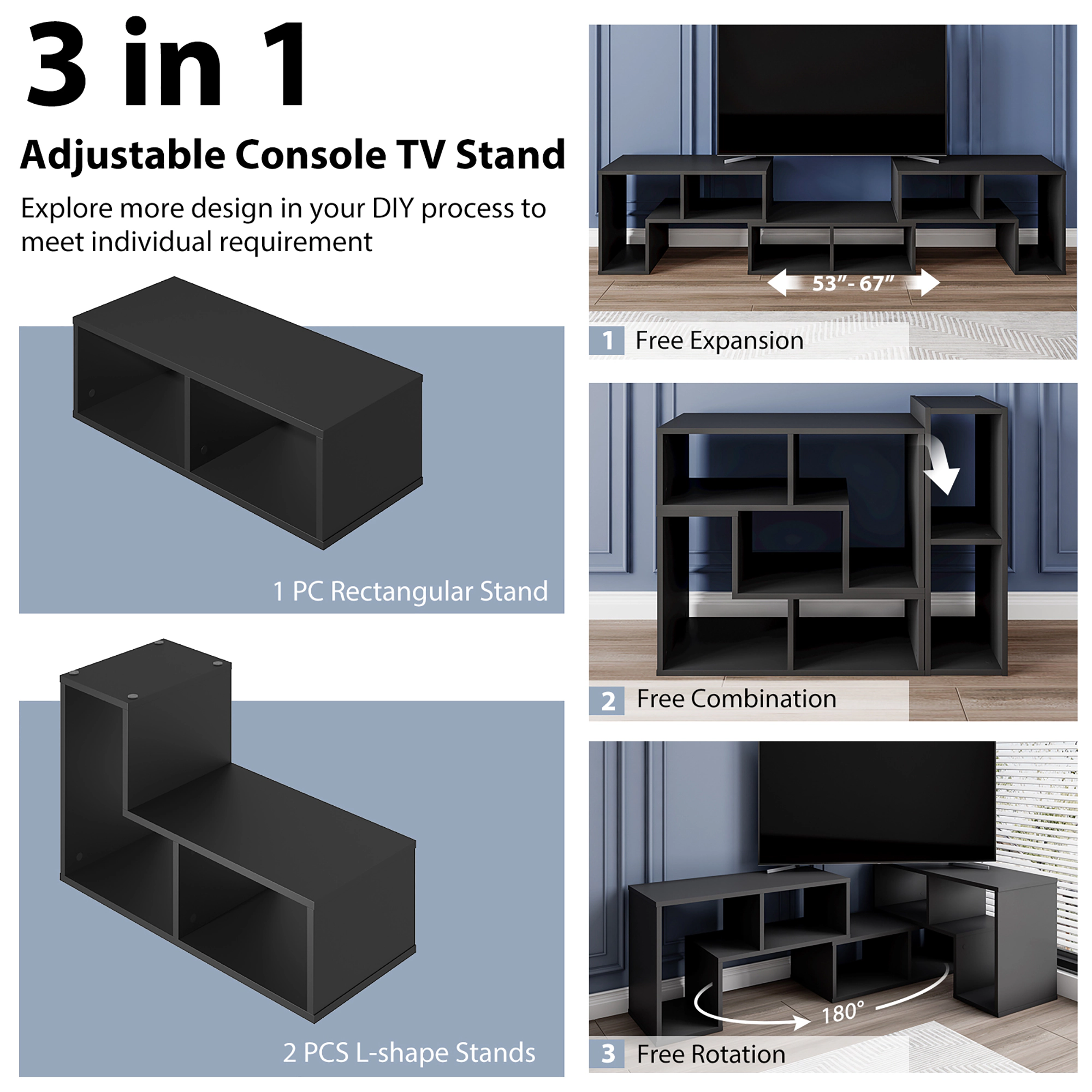 Costway 3 Pieces TV Console Stand Modern Entertainment Center Storage Bookcase Black