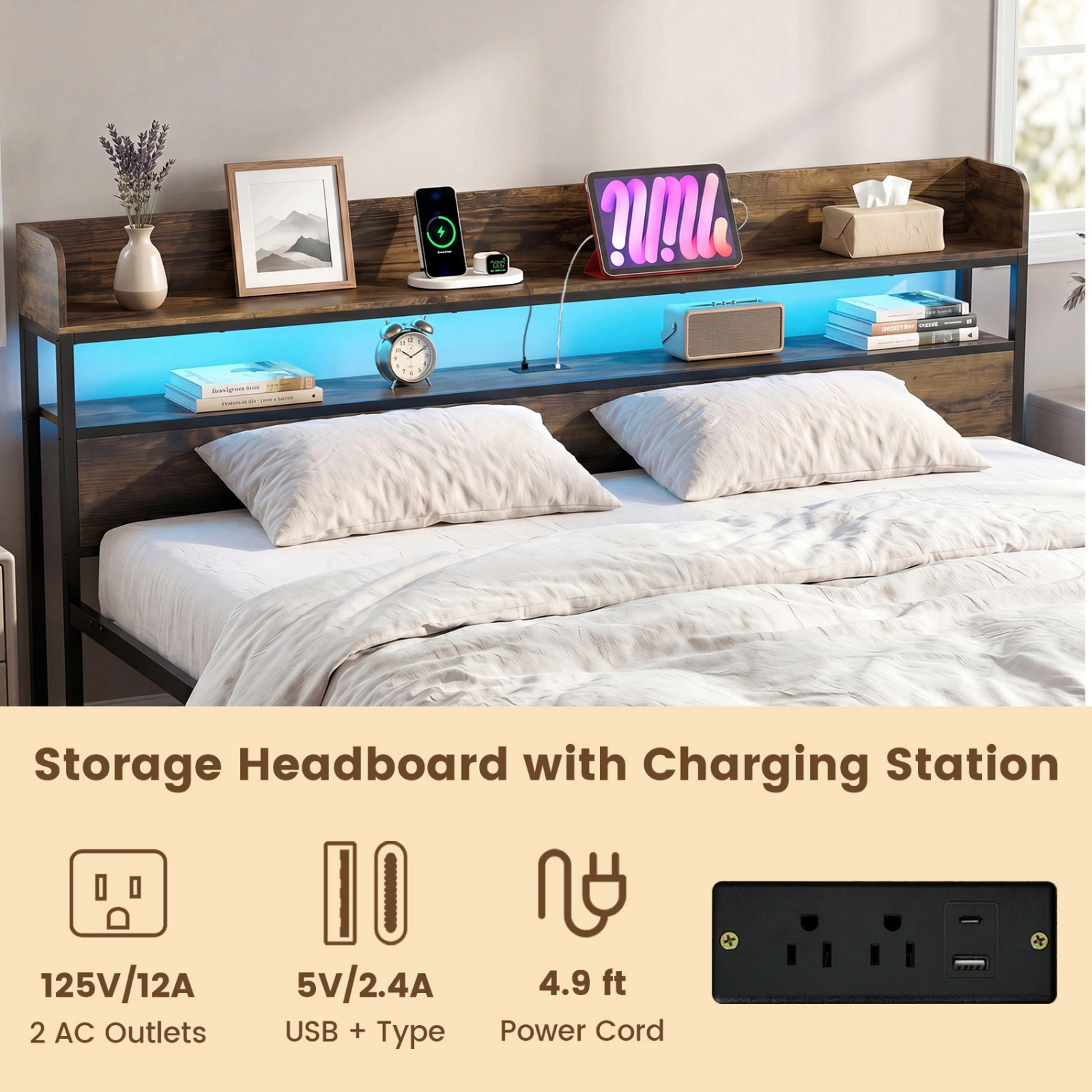 SUGIFT Rustic Brown Power Outlets Storage Headboard and Remote King Size LED Bed Frame