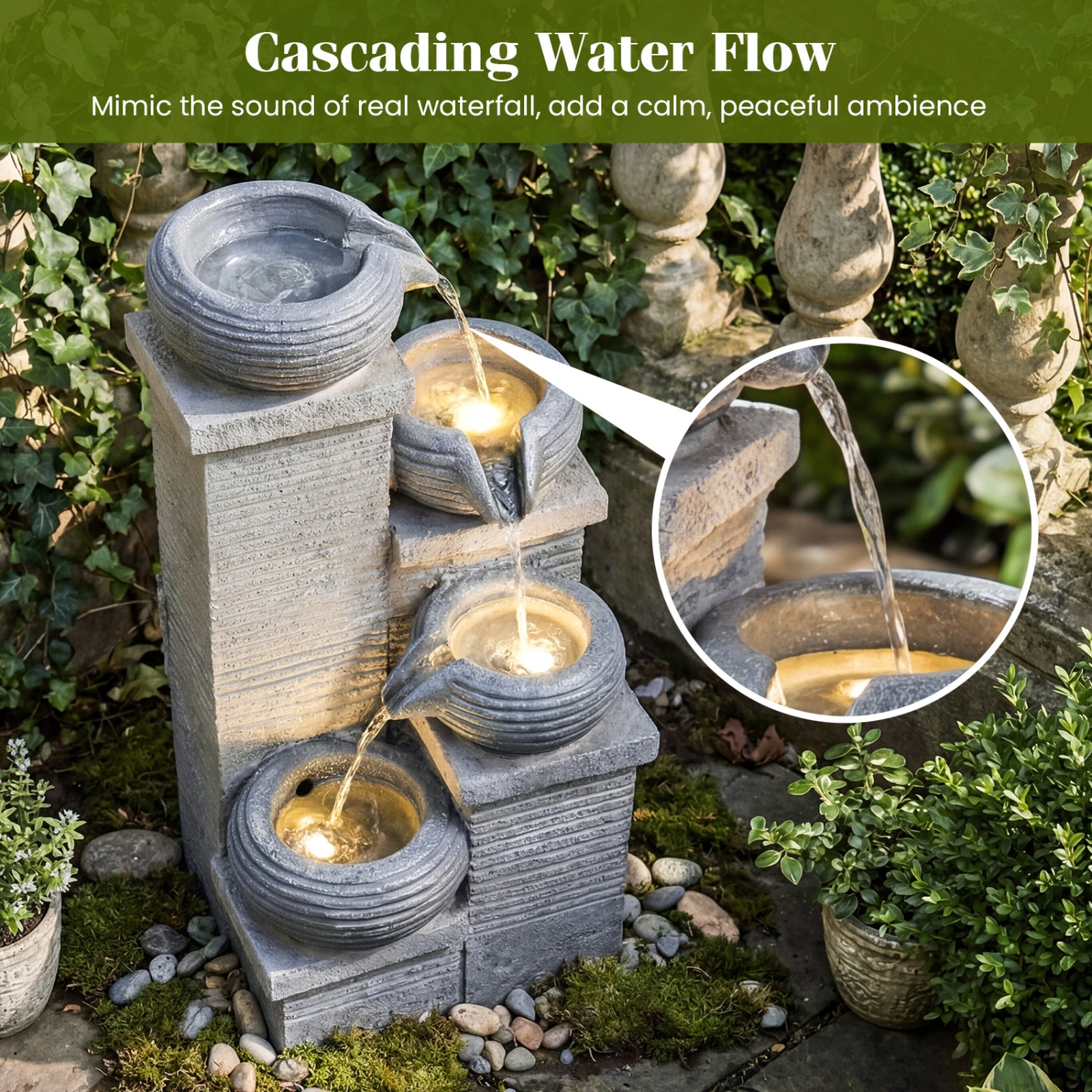 SUGIFT Gray 4-Tier 23-in Outdoor Water Fountain with LED Lights Cascading Bowl Waterfall in Resin