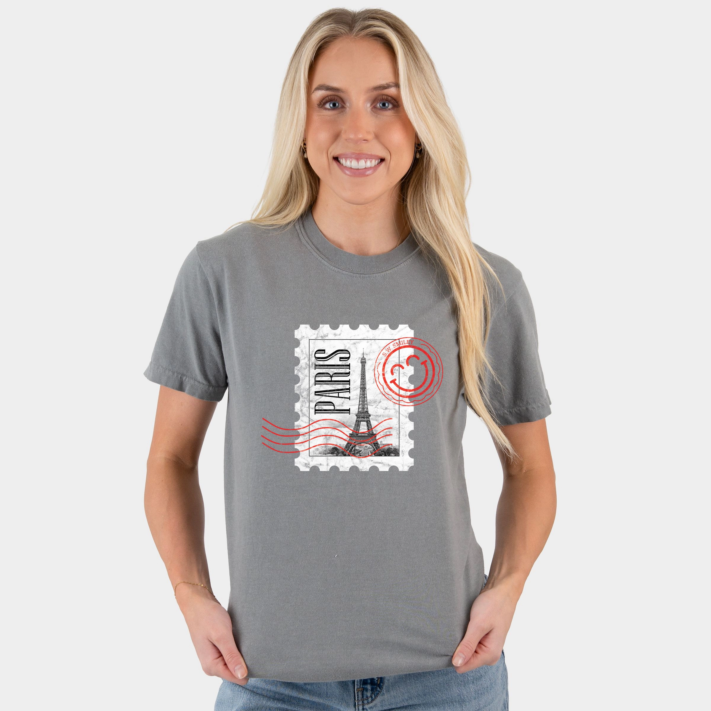 Simply Sage Market - Women's Garment Dyed Graphic T-Shirt S.W.Smiley Eiffel Tower Stamp