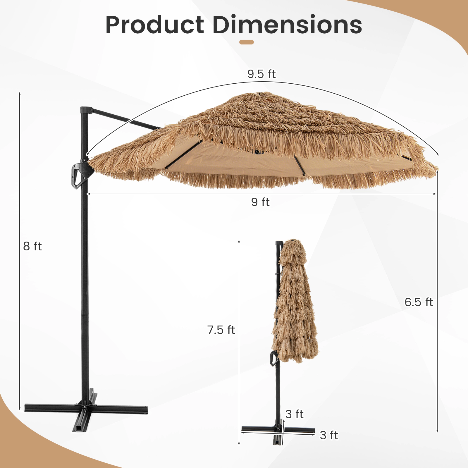 SUGIFT Cantilever Tiki Patio Umbrella with Double-Tier Offset Hanging Canopy Natural+Black