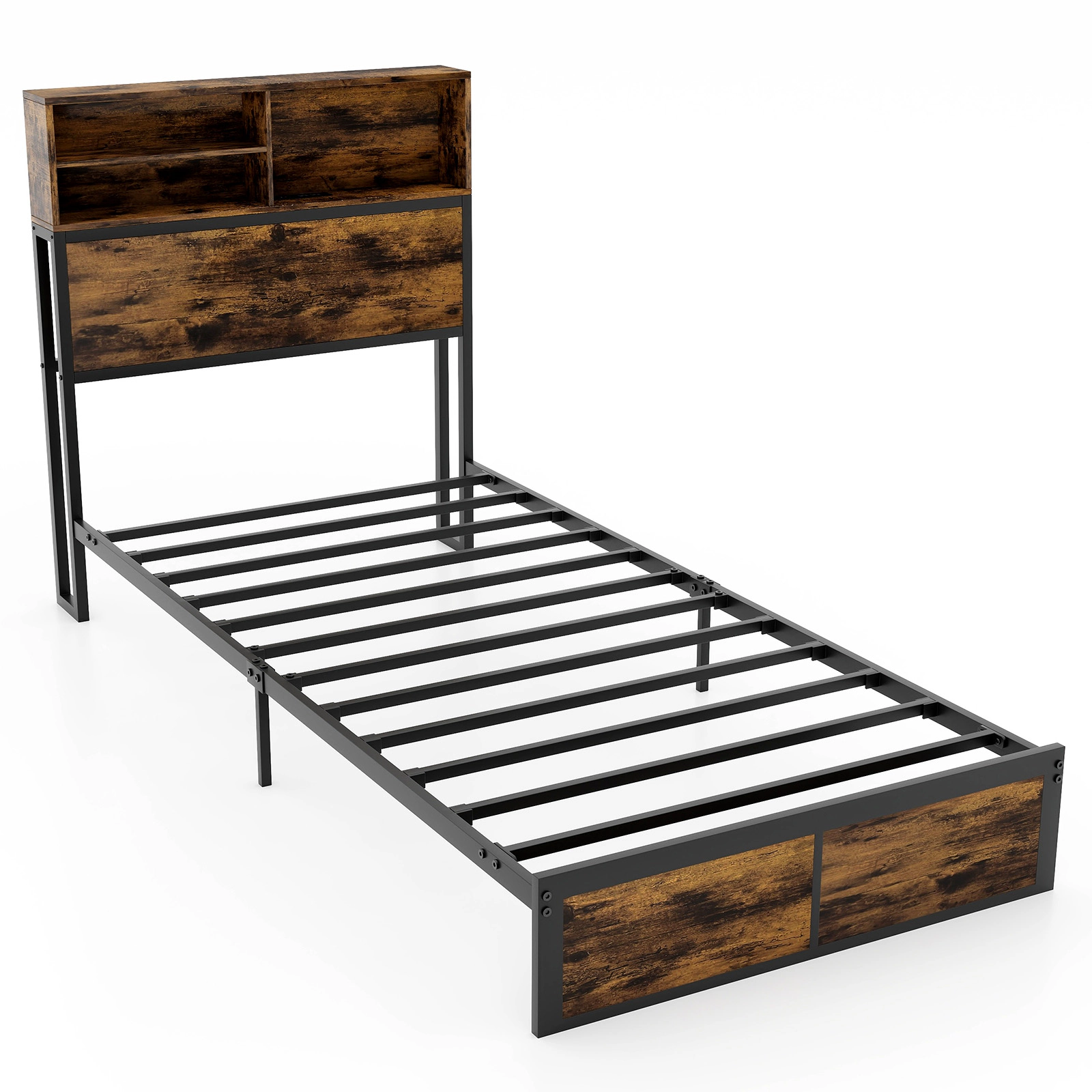 SUGIFT Twin Size Bed Frame with Storage Headboard 485-lb Capacity Rustic Brown