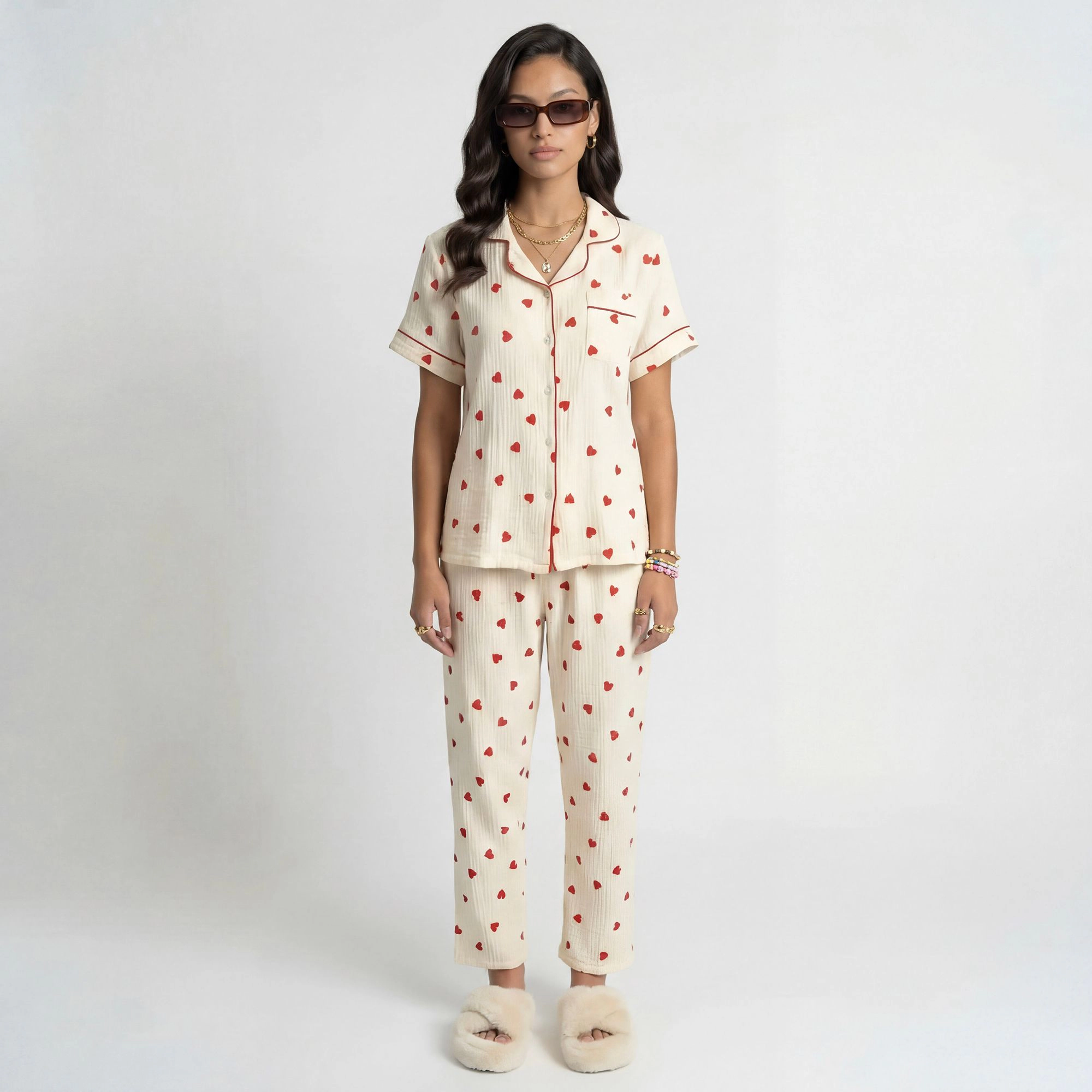 Anna-Kaci Women's Heart Print Valentine Pajama Set with Short Sleeve Button Up Top and Relaxed Fit Elastic Waist Pants