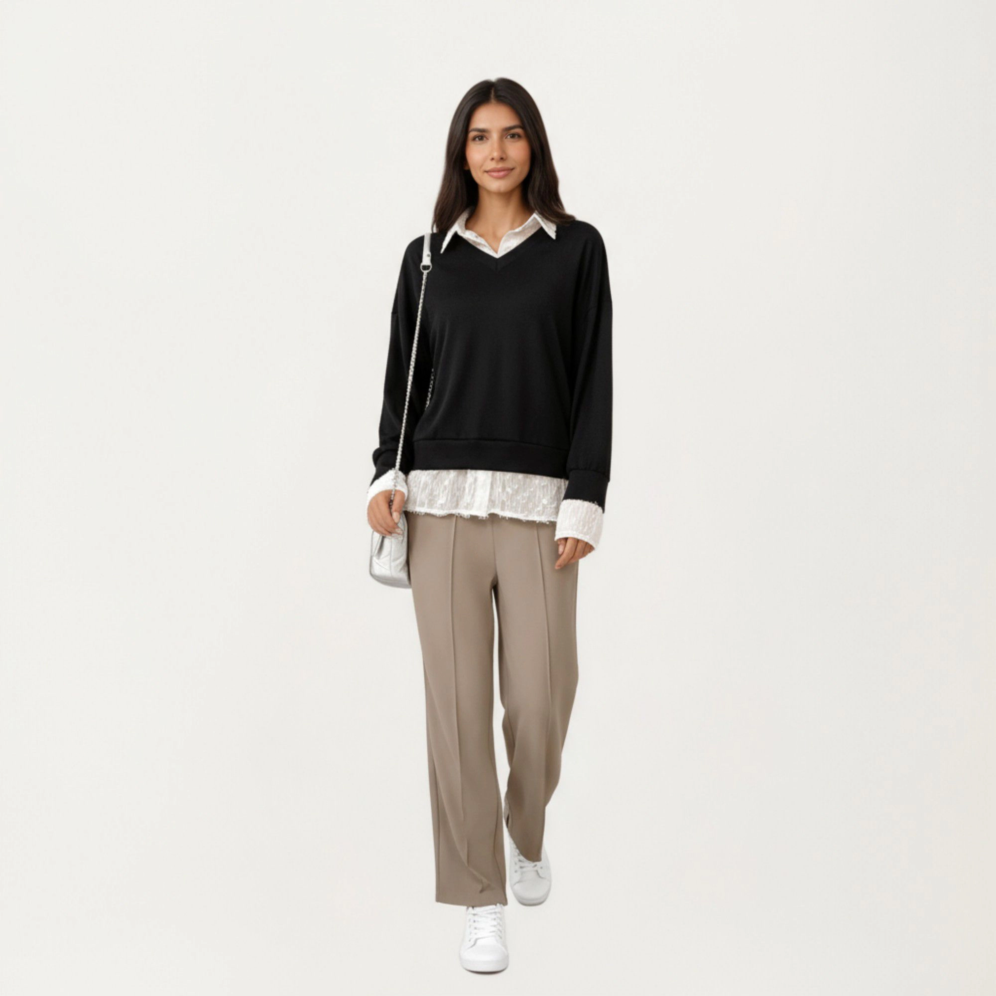 Anna-Kaci Women's Layered V-Neck Pullover Top with Lace Hem Long Sleeves