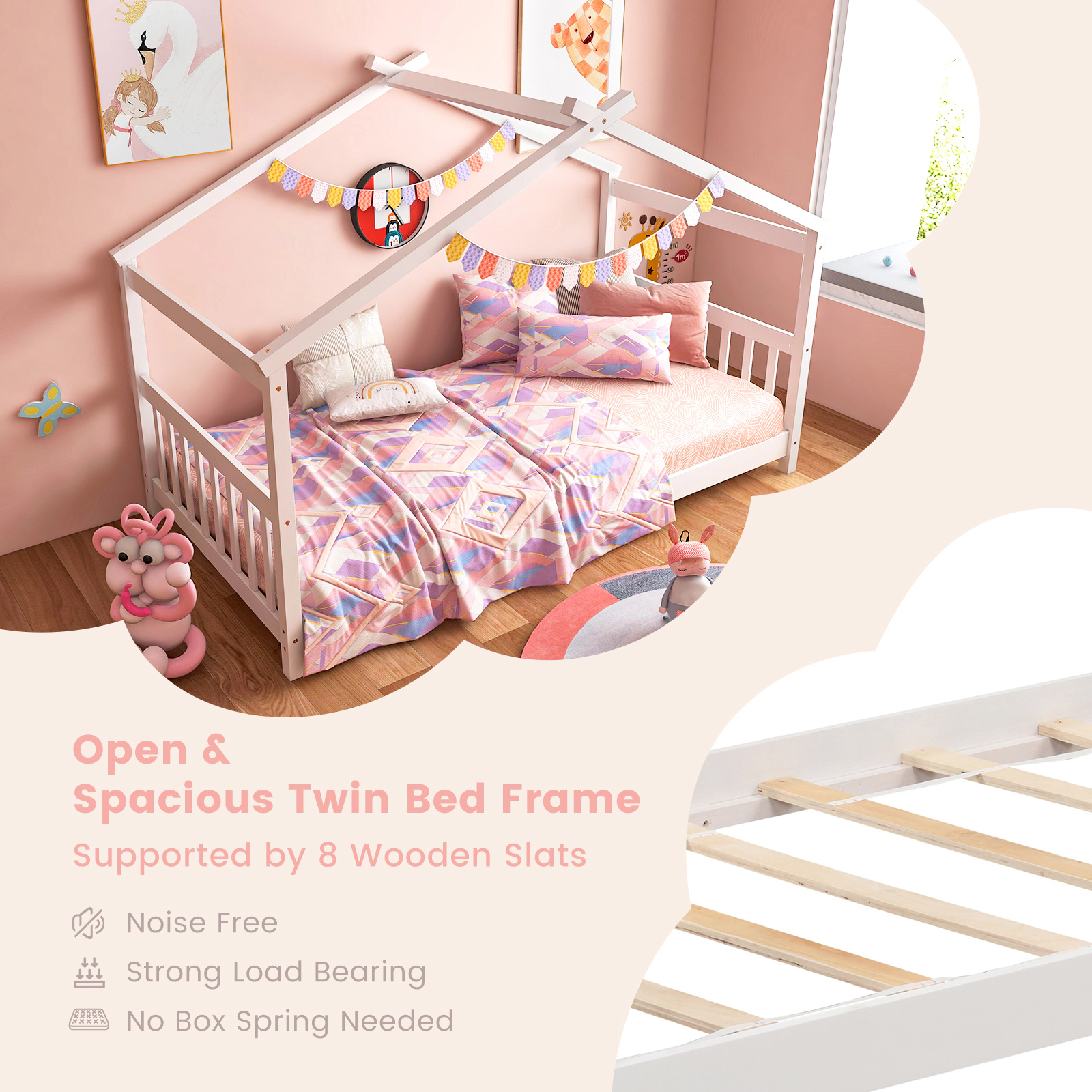 SUGIFT White Roof Frame for Kids Twin Size Wooden House Bed