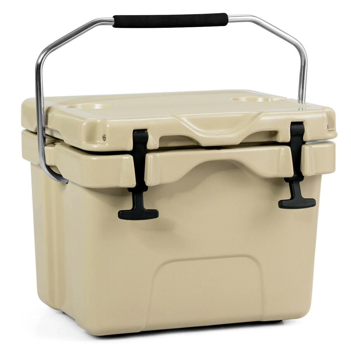 SUGIFT 16 Quart Insulated Hard Side Ice Cooler 24-Can Capacity with 2 Cup Holders 10-lb Net Weight Khaki