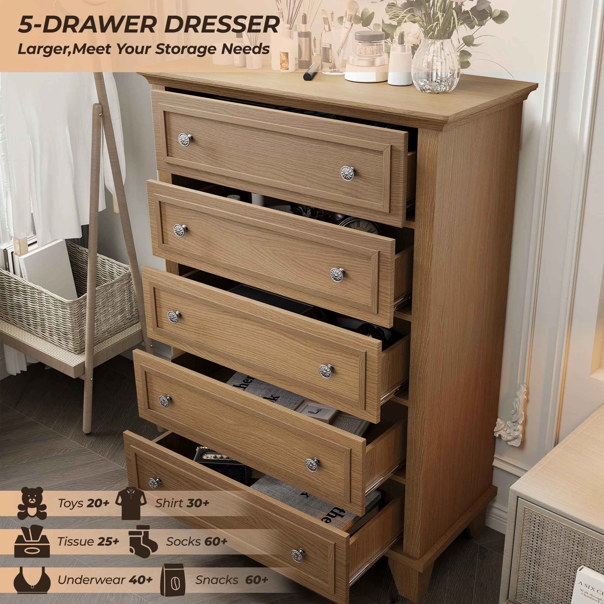 5 Drawer Modern Wood Dresser with Metal Handles, 48" Tall Storage Chest for Bedroom Entryway Hallway