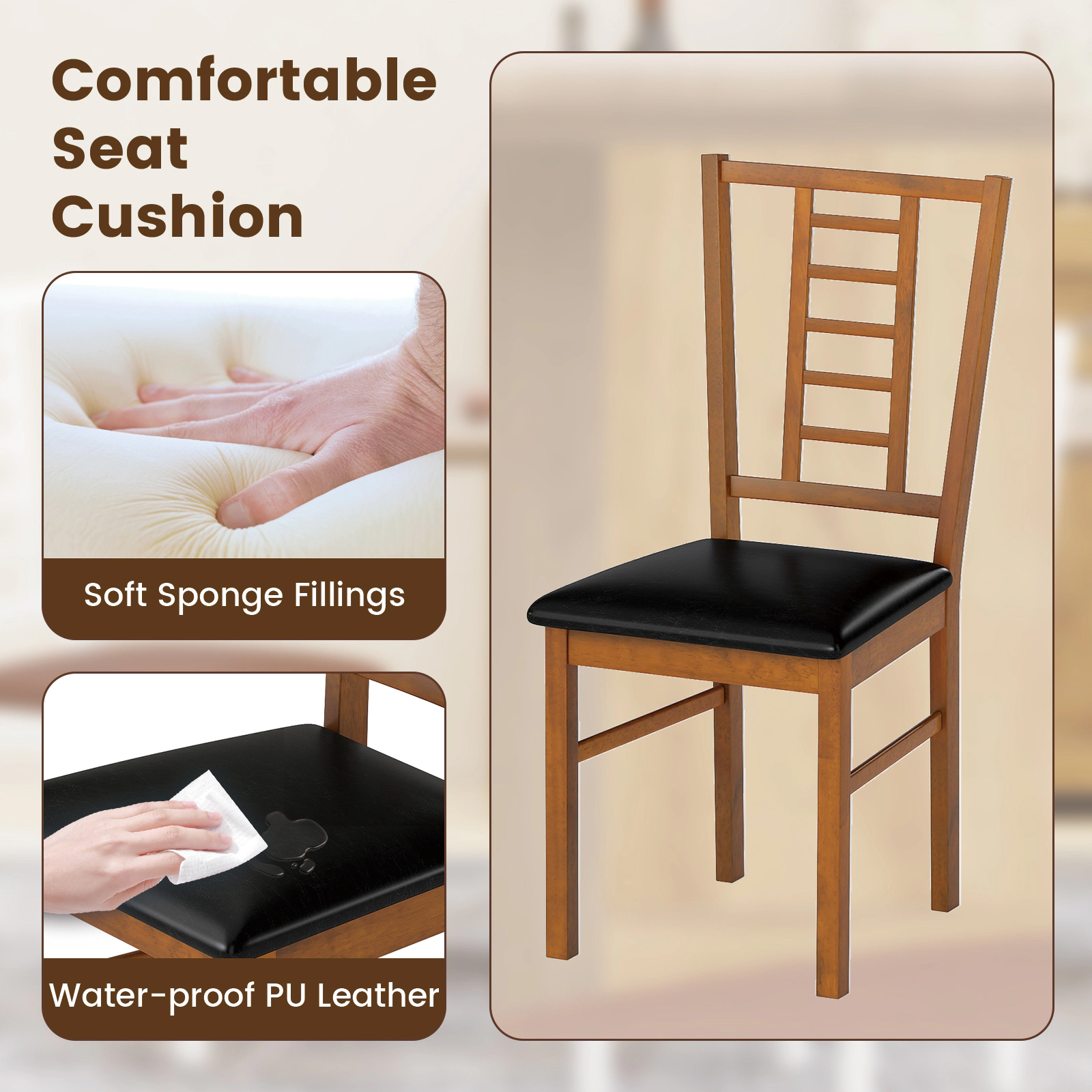 SUGIFT PU Leather Upholstered Wood Dining Chairs Set of 4 330-Lb Capacity 35-in High Walnut Frame Black Seat